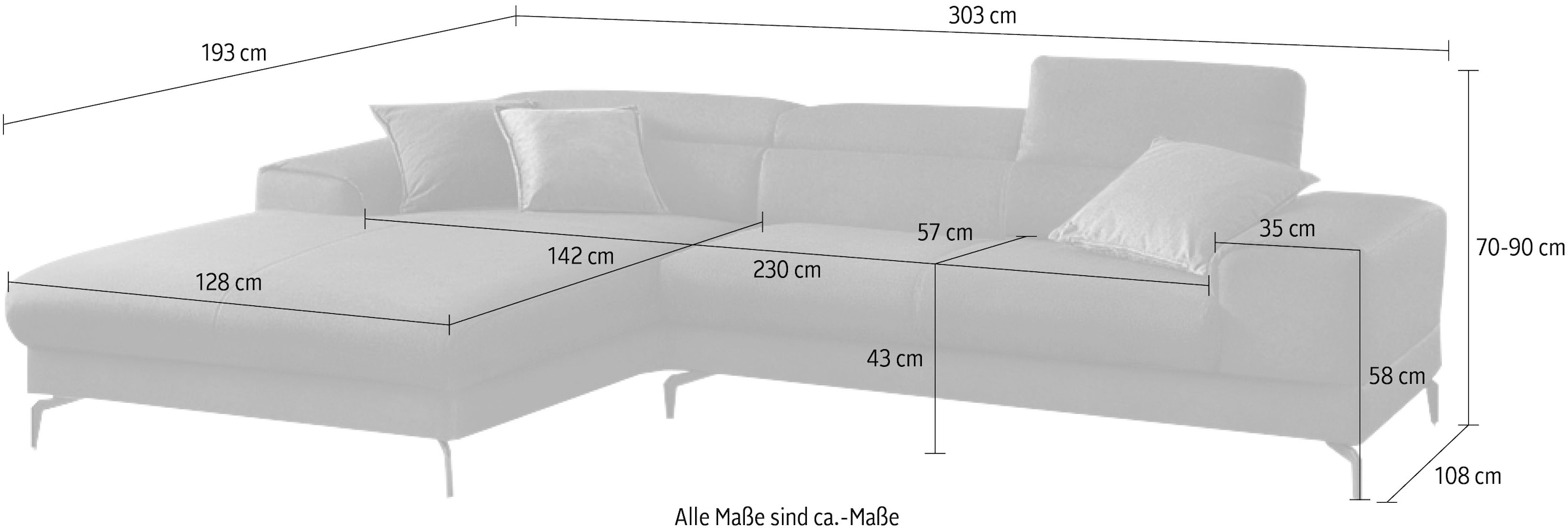 W.SCHILLIG Ecksofa »Piedroo, Designsofa mit tollem Sitzkomfort, elegant und bequem, L-Form« Kopfteilverstellung, wahlweise mit Sitztiefenverstellung, Breite 303cm