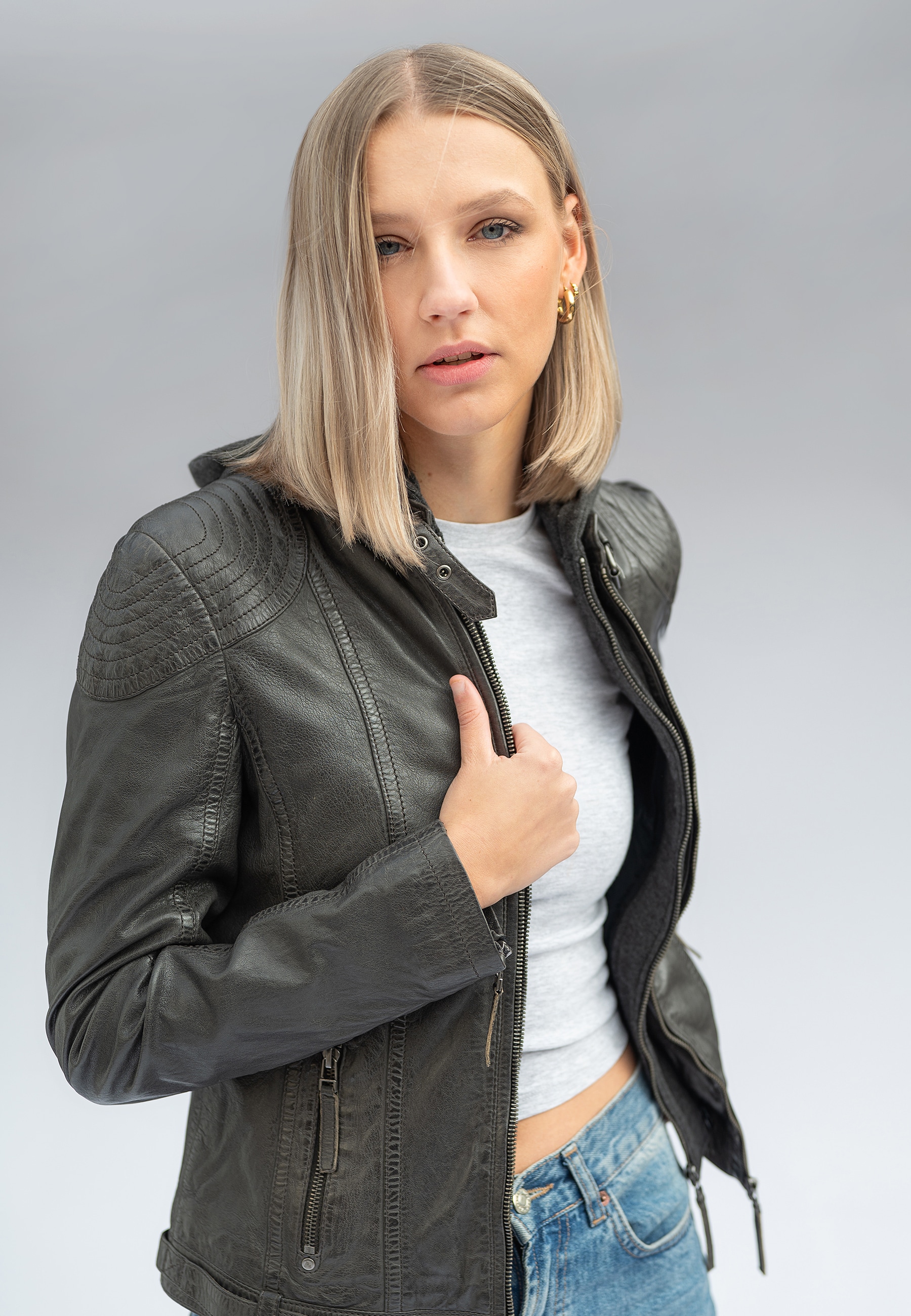 Mauritius Lederjacke »Cacey LEGV« mit Kapuze mti Kapuze, Reißverschluss, Ziersteppung