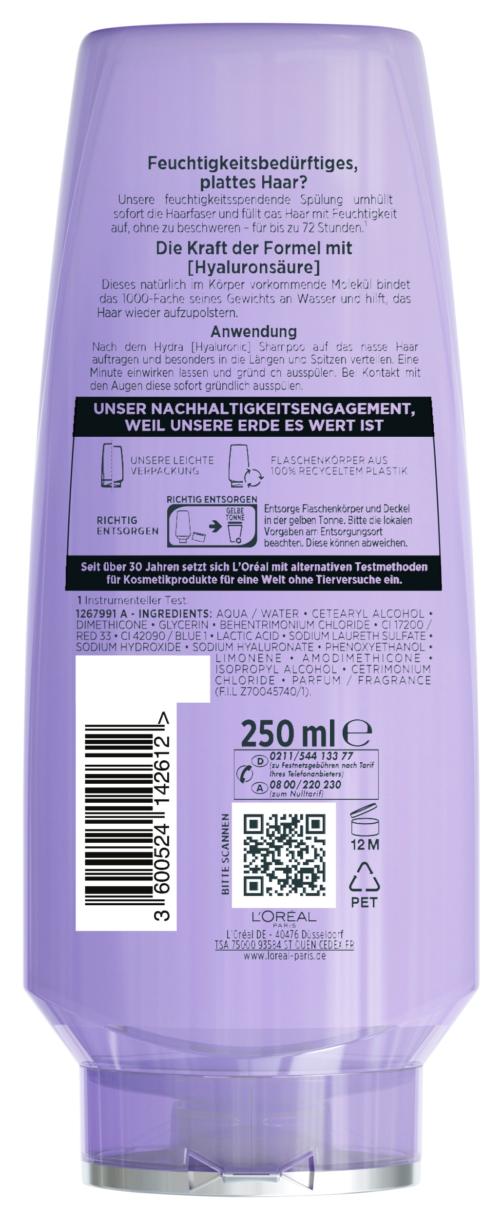 L'ORÉAL PARIS Haarspülung »L'Oréal Paris Elvital Hydra [Hyaluronic] Spülung« Hyaluronsäure für trockenes Haar, spendet 72h lang Feuchtigkeit.