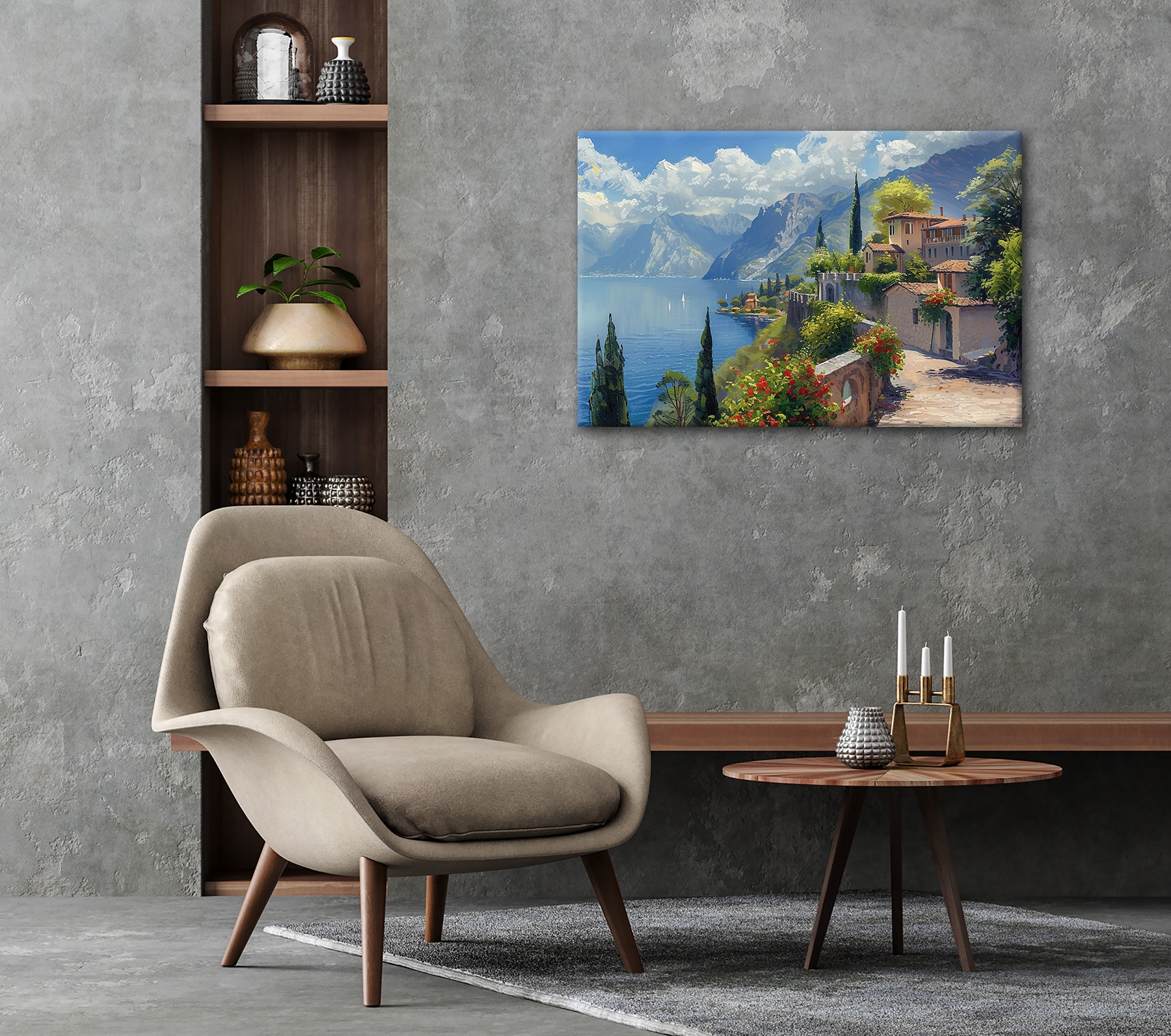 Bönninghoff Leinwandbild »Wandbild STADT AM BERGSEE 60x90 cm – Leinwandbild Keilrahmen Deko« Berge | Gebäude | Italien | Landschaft | Natur | See | Seebilder 1 Stk. tlg. auf Keilrahmen gespannt