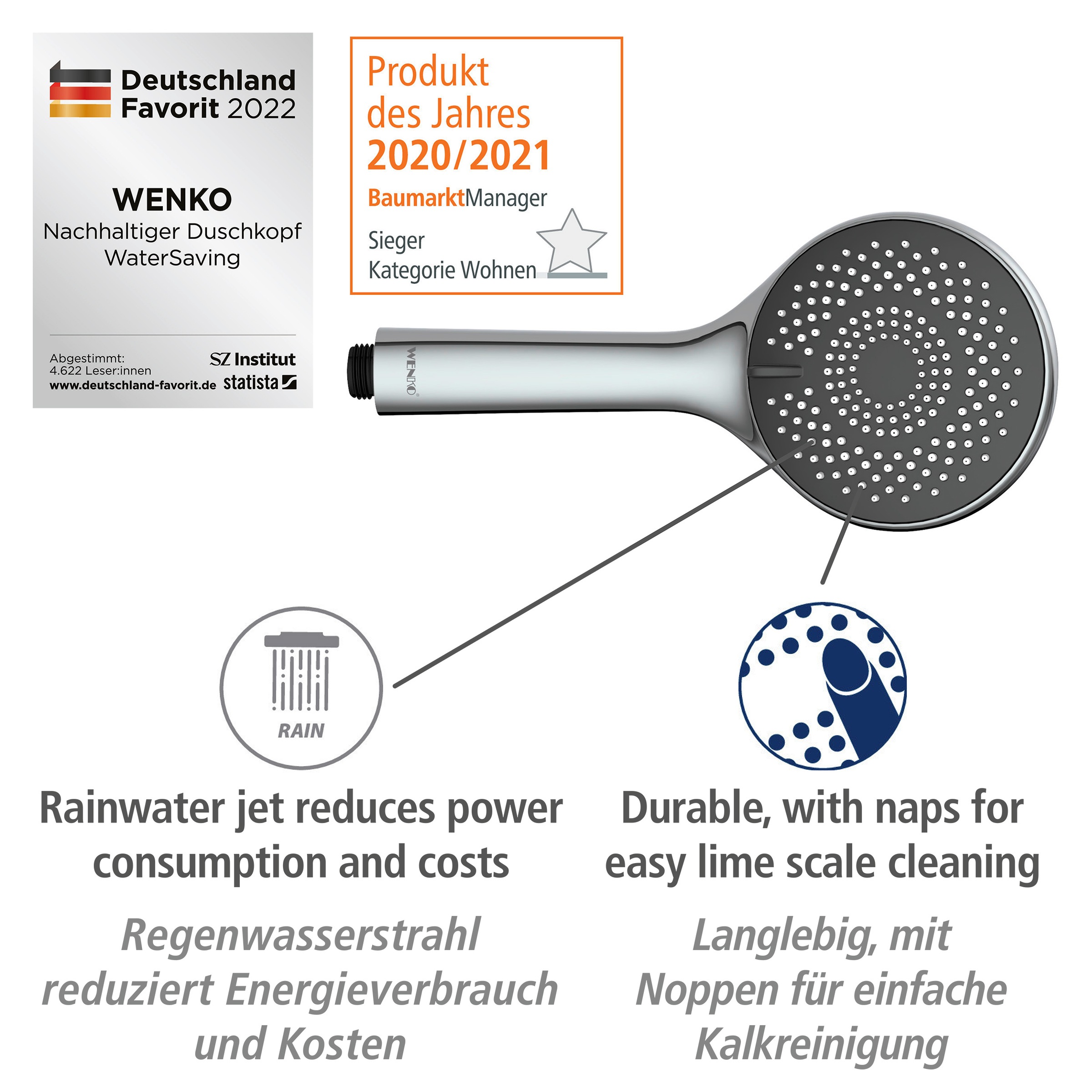 WENKO Stangenbrause-Set »Watersaving«, Chrom, Länge Stange: 70 cm