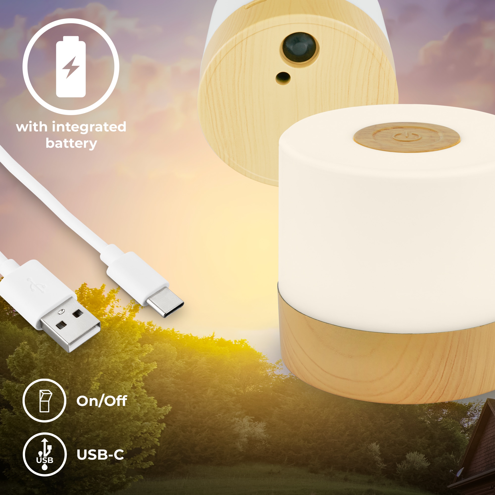 B.K.Licht Außen-Tischleuchte »BK_TL1589 Akku LED Tischlampe, 3-Stufen Touchdimmer, mit USB« LED-Modul 1 Stk. Extra-Warmweiß 2.700 K, 150 Lm, 2W, integrierte Batterie, IP44, 7x7 cm, Holzfarben