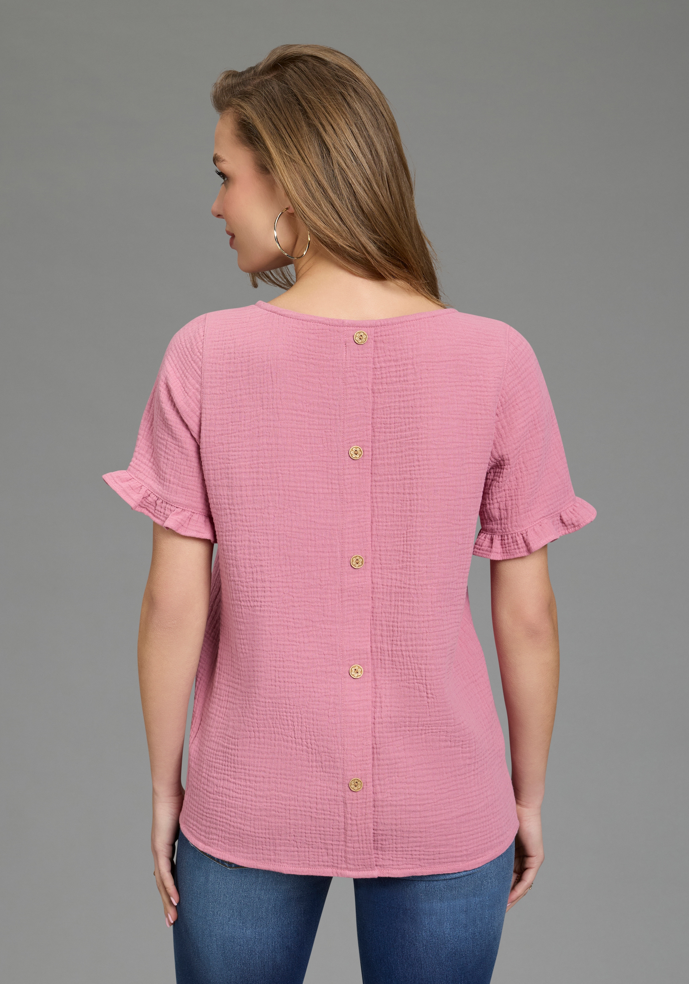 Laura Scott Rüschenbluse mit Zier-Knopfleiste am Rücken, unifarben, aus Baumwoll-Musselin