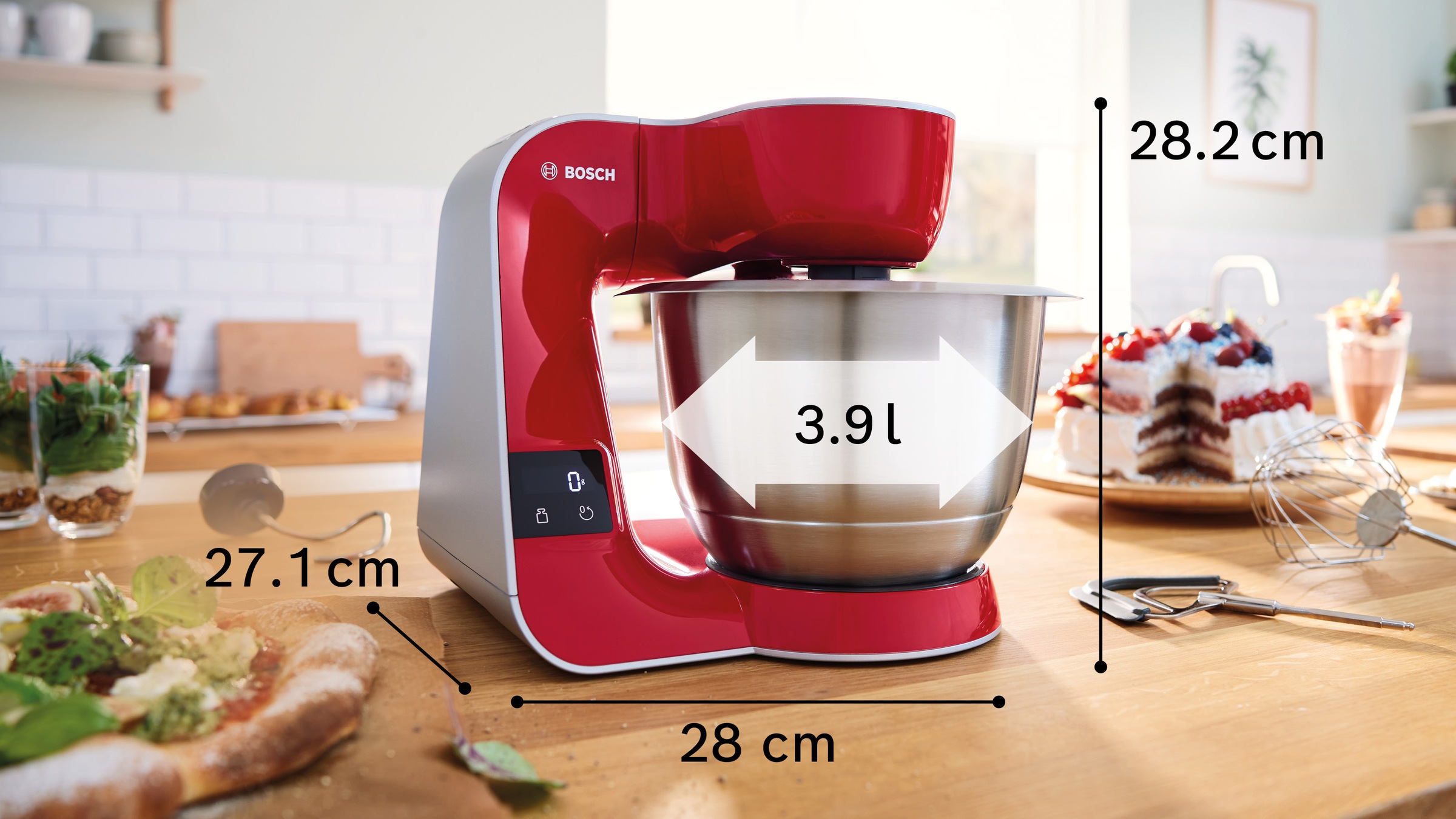 BOSCH Küchenmaschine »Serie 4 MUM5X734, integr. Waage, Durchlaufschnitzler, Mixer, rot«, 2 Schüsseln, 3 Scheiben, Knethaken/Rühr-/Schlagbesen, spülmasch.fest