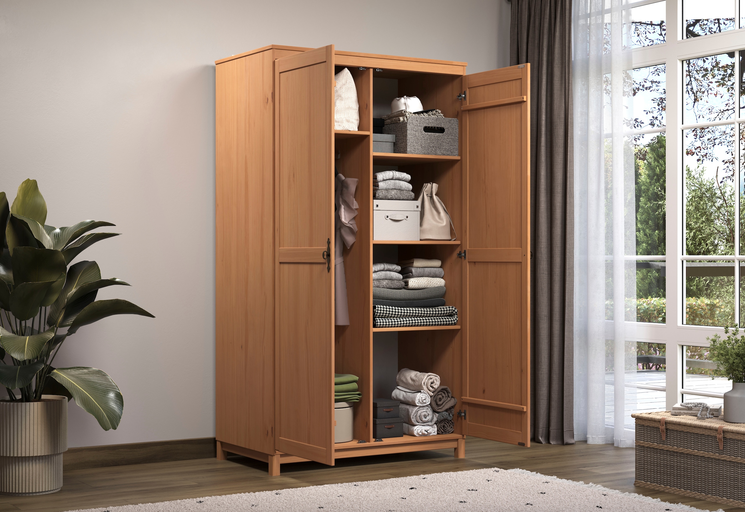 Home affaire Kleiderschrank »Sandnes Kieferschrank Schlafzimmer Schrank TOPSELLER weiß«, (1 St., natürlicher Landhaus-Look B/T/H = 108x60x194cm), Massivholz Schlafzimmerschrank mit besonderen Metallgriffen