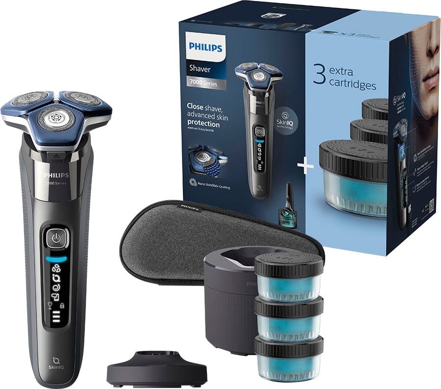 Philips Elektrorasierer »Shaver Series 7000 S7887/63« Reinigungsstation ausklappbarer Präzisionstrimmer 4 Reinigungskartuschen, Ladestand, Etui,...