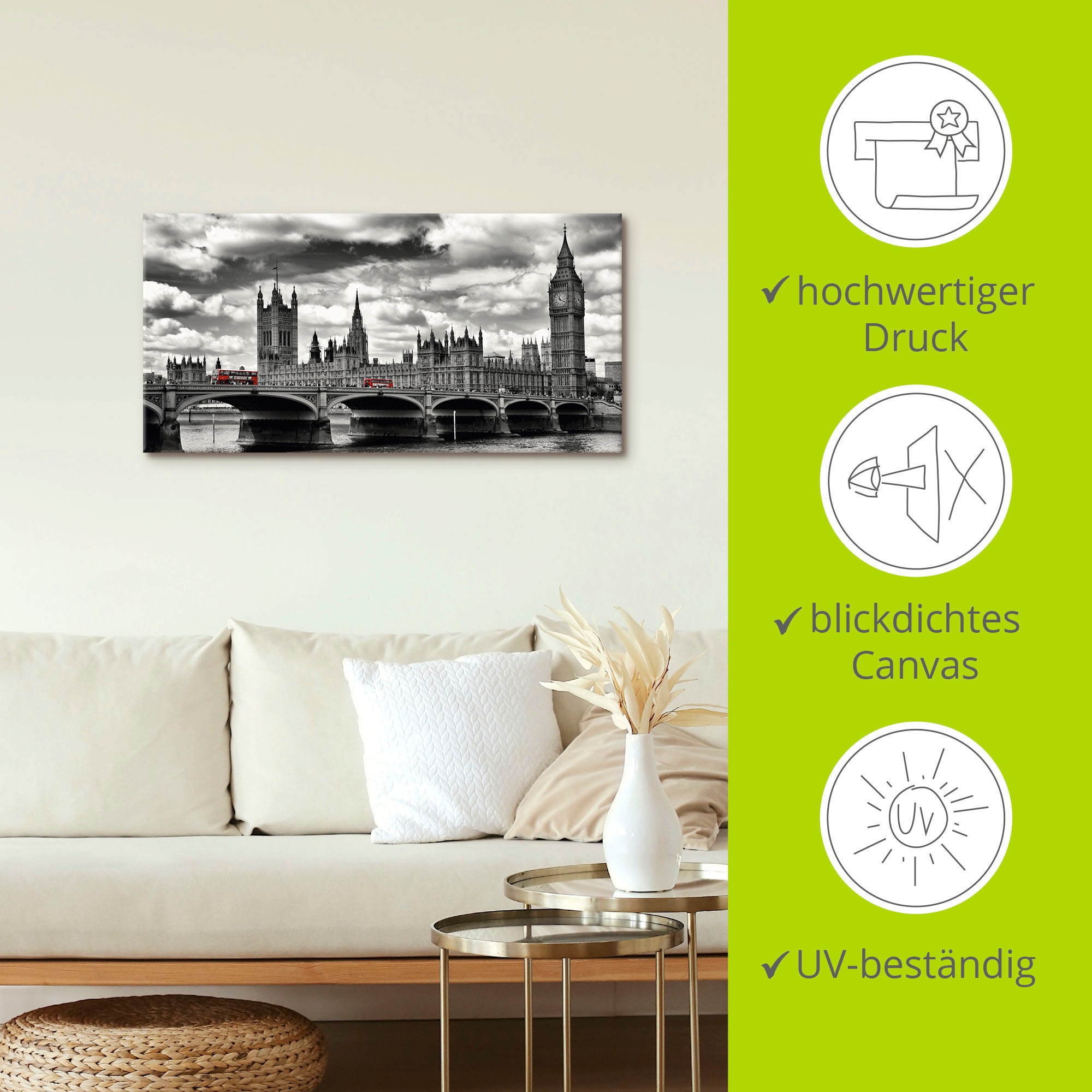 Artland Leinwandbild »London Westminster Bridge & Red Buses« Großbritannien 1 Stk. tlg. auf Holzrahmen gespannt