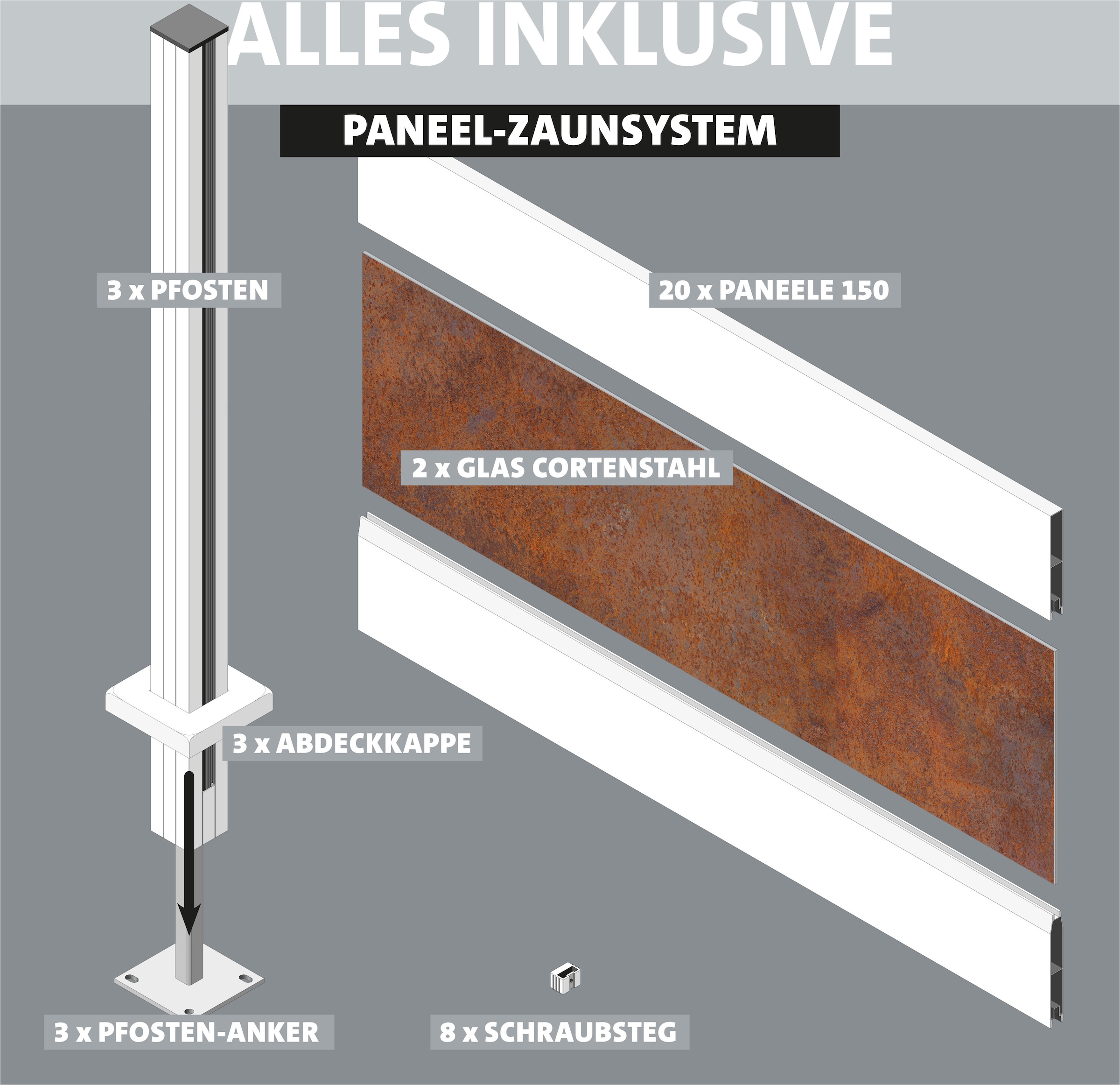 STAKET PRO Gartenzaun »Komplettzaun Paneel 150« LxH: 368,4x187 cm, 2 Elemente á 180 cm Breite + Cortenstahl