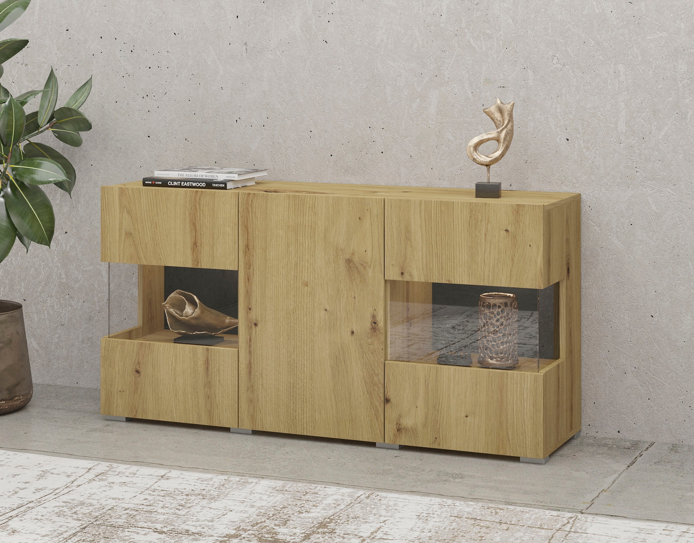 INOSIGN Sideboard »Ava, Breite 120 cm, hängend und stehend montierbar«, moderne grifflose Kommode, Anrichte, 3Türen, Eckverglasung