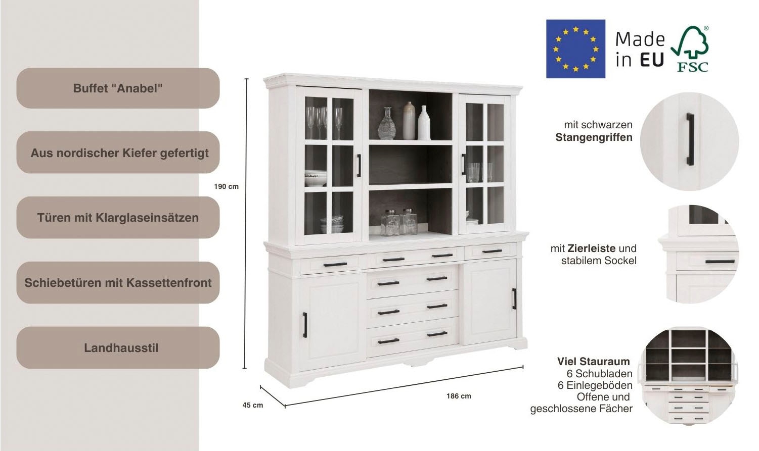 Home affaire Buffet »Anabel, mit Glastüren und Metallgriffen«, aus massiver Kiefer, mit Schiebetüren, Breite 186 cm