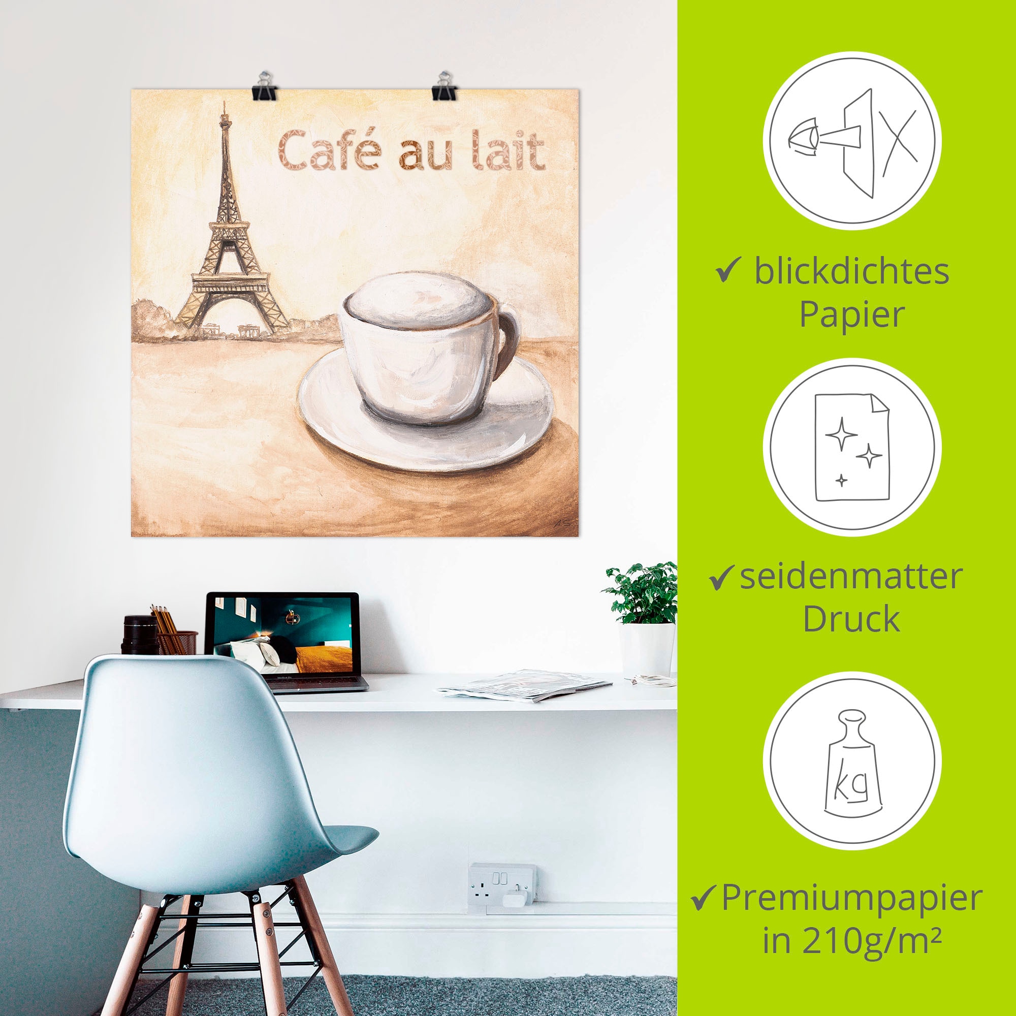 Artland Poster »Café au lait in Paris«, Kaffee Bilder, (1 St.), als Alubild, Leinwandbild, Wandaufkleber oder Poster in versch. Größen
