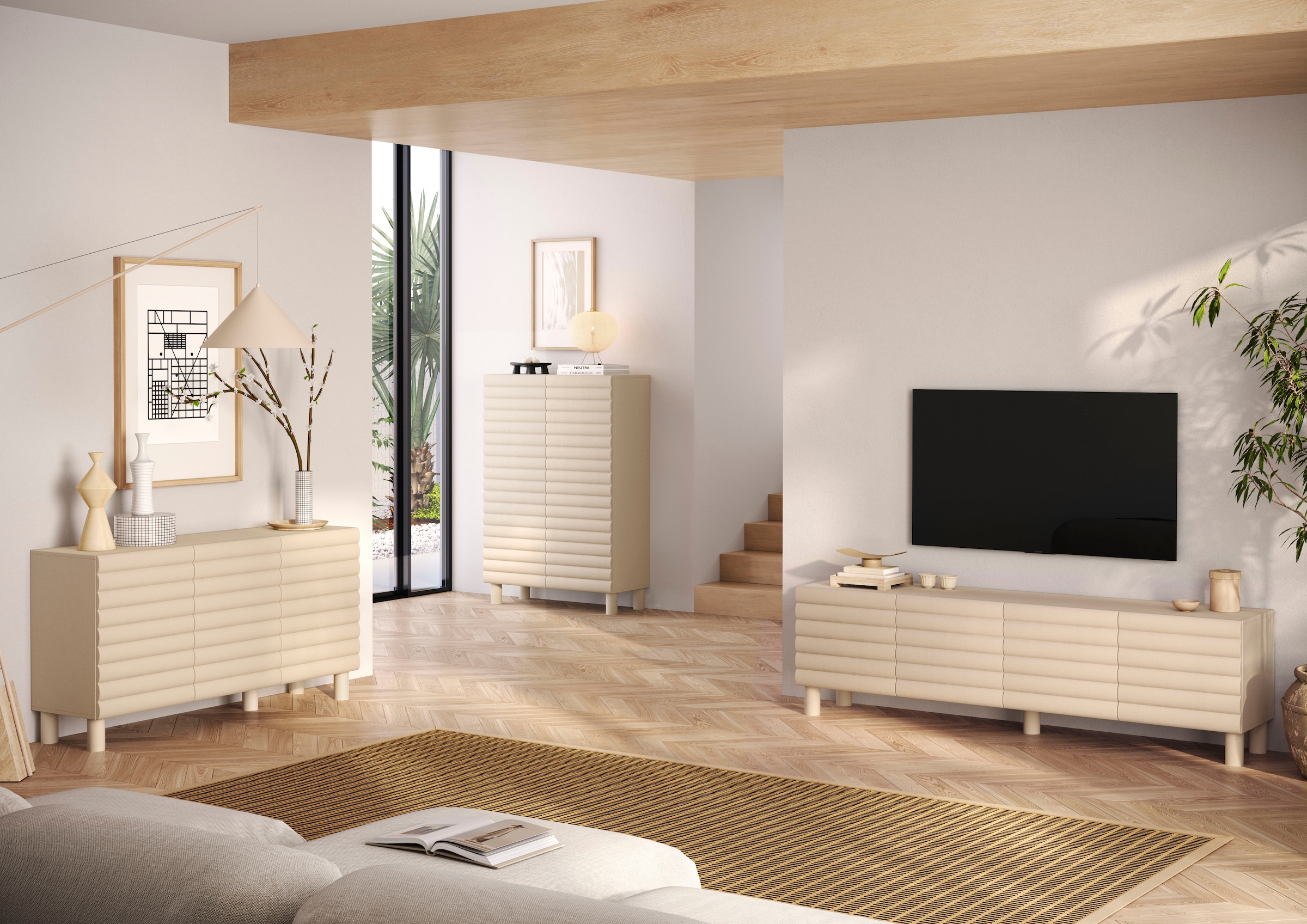 OTTO home Highboard »Adria, B/H 101/147 cm, 2 Türen, Hochkommode, Stauraumschrank« Korpus Talco Spatolato, MDF-Fronten in 3D-Design, viel Stauraum