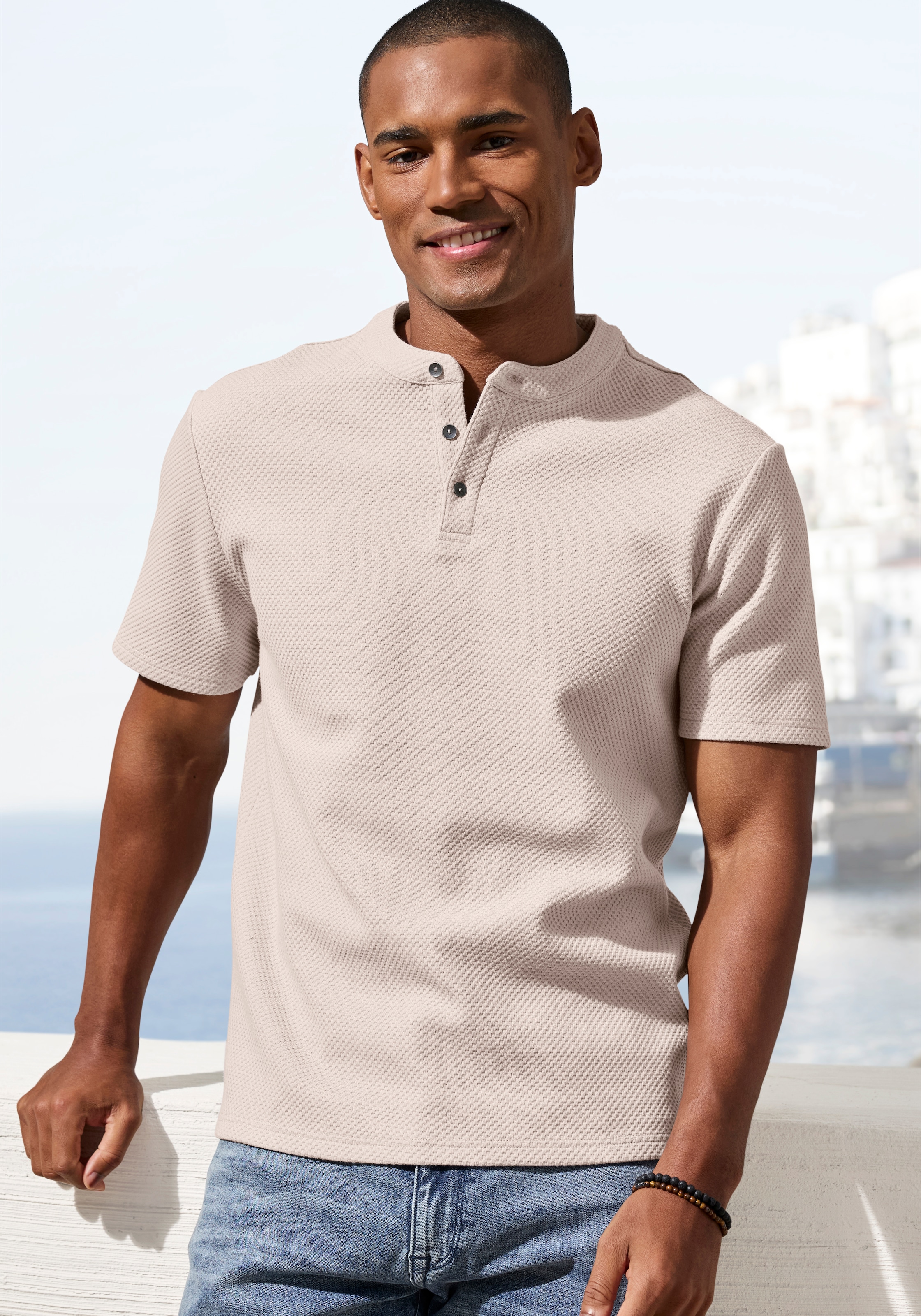 John Devin T-Shirt »Kurzarm-Poloshirt aus Struktur-Qualität« mit modischem Stehkragen und Knopfleiste