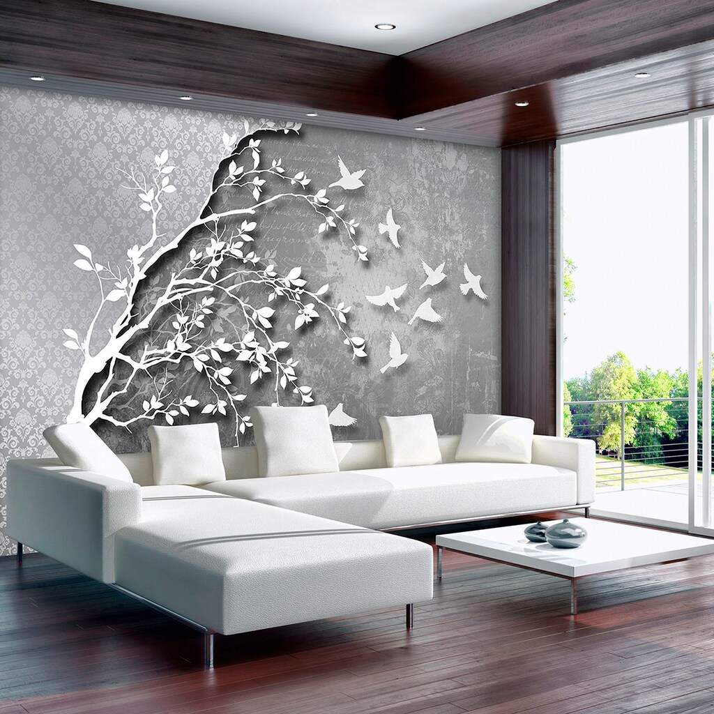 Consalnet Vliestapete »Silber Baum mit Vögeln«, verschiedene Motivgrößen, für das Büro oder Wohnzimmer