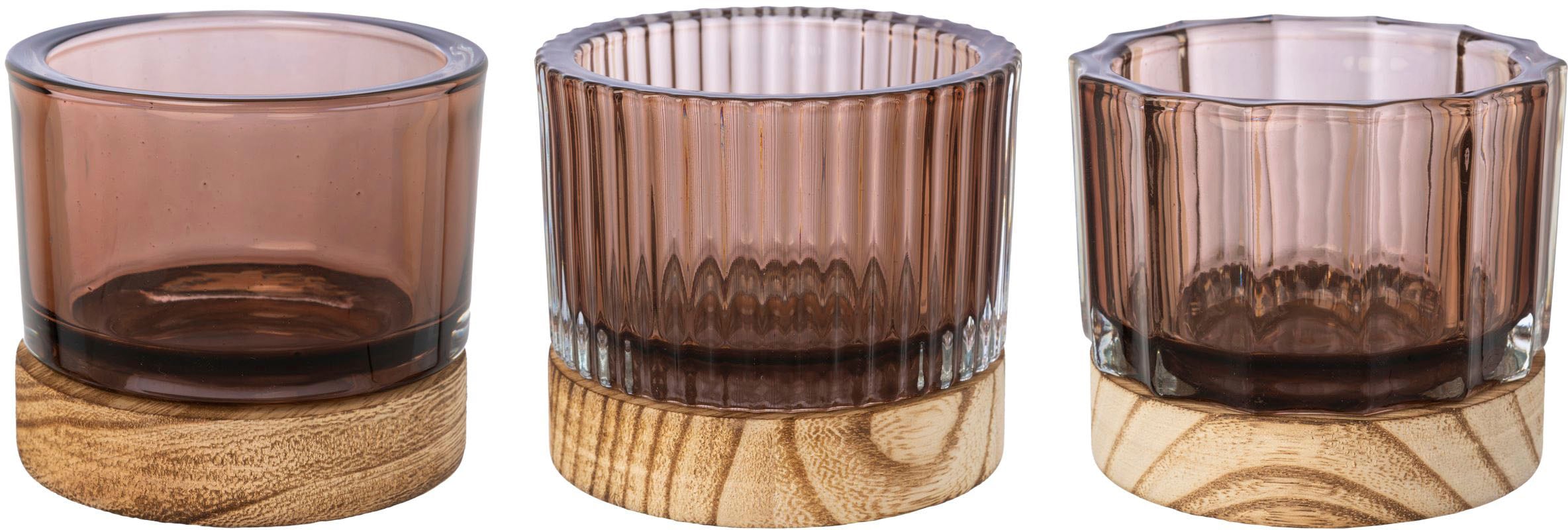 Creativ home Windlicht »Kerzenhalter aus verschiedenen Oberflächenstrukturen mit bestellen Holzfuß«, (Set, Glas, St.), mit Teelichthalter 3 OTTO bei 3