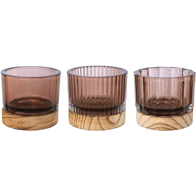 Creativ home Windlicht »Kerzenhalter aus Glas, mit Holzfuß«, (Set, 3 St.),  Teelichthalter mit 3 verschiedenen Oberflächenstrukturen bestellen bei OTTO