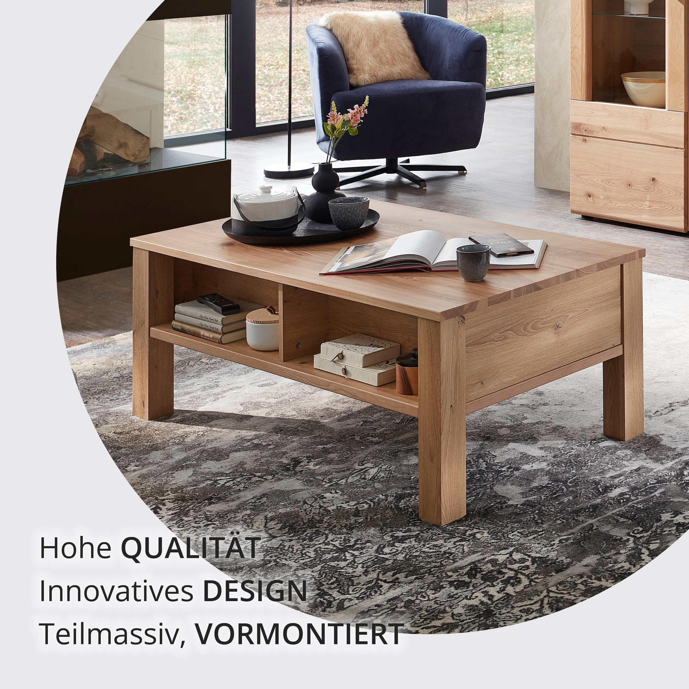 Wohnconcept Couchtisch »Malaga Couchtisch, 115x45x65 (BxHxT)« 1 Stk. tlg. Massivholzplatte, 1Schubkaste, 3 offene Fächer, ABS-Kantenschutz