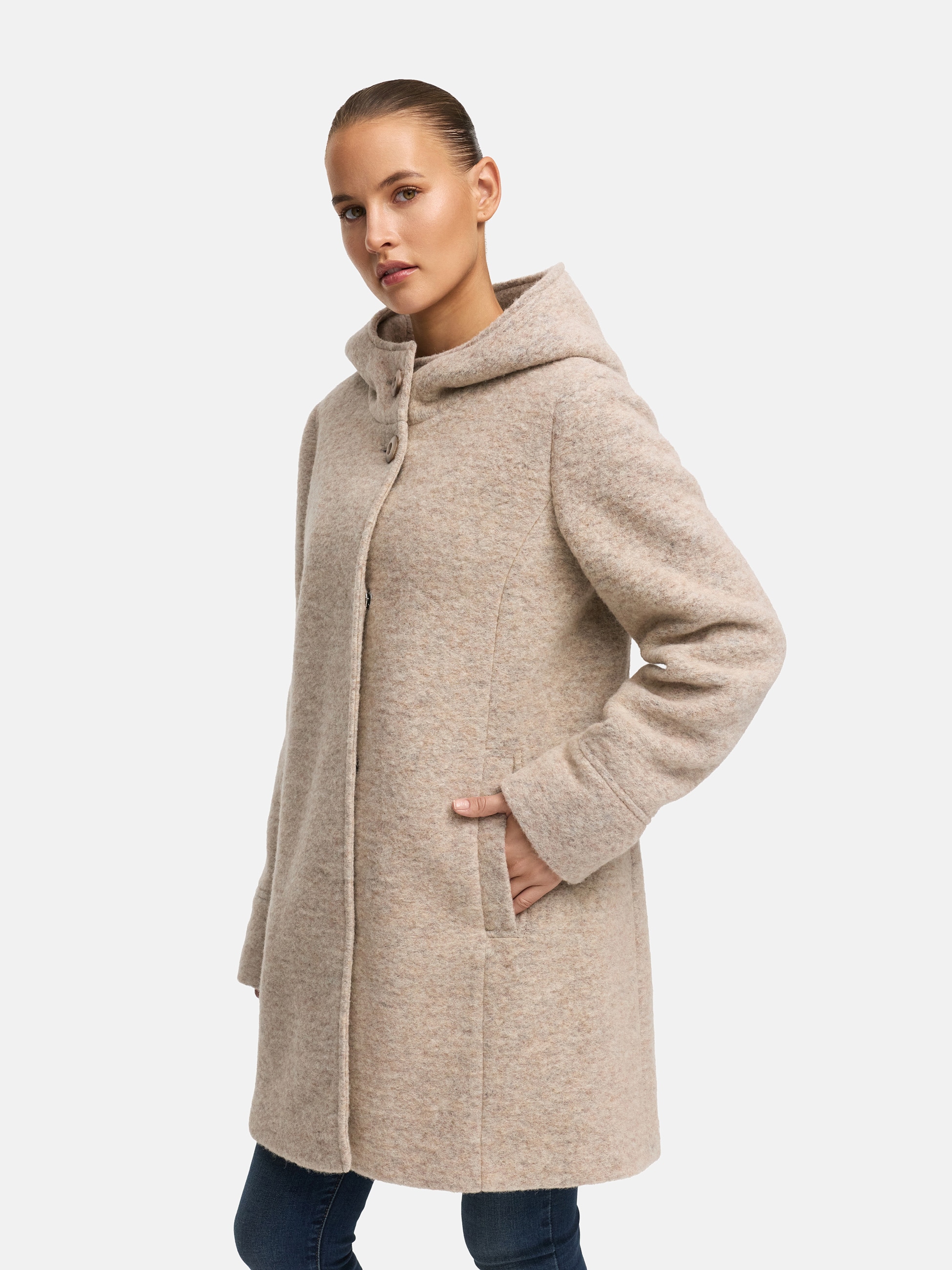 MANISA Wolljacke, mit Kapuze, Wollparka mit Kapuze und verdeckten Knöpfen