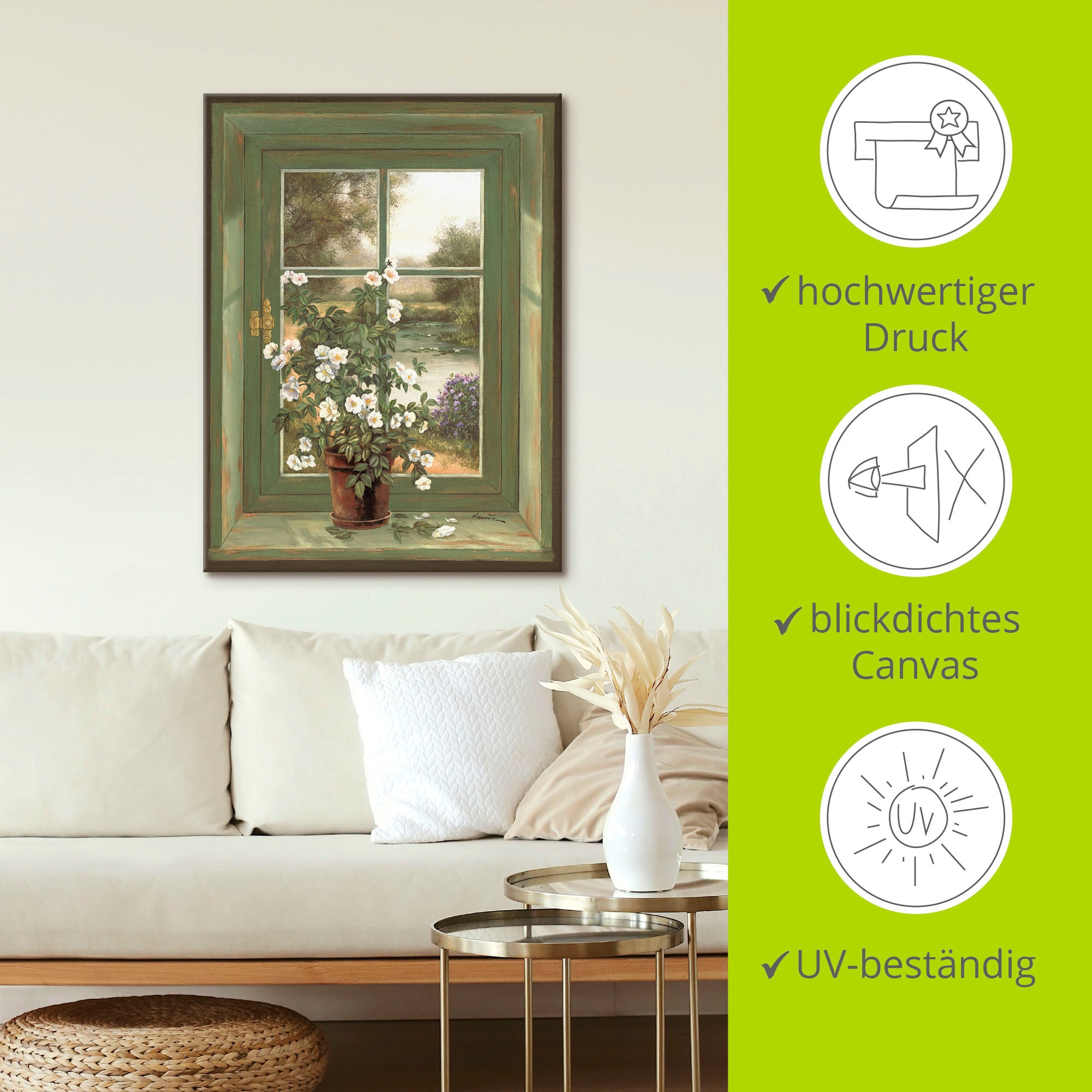 Artland Wandbild »Wildrosen am Fenster«, Arrangements, (1 St.), als Alubild, Outdoorbild, Leinwandbild, Poster, Wandaufkleber