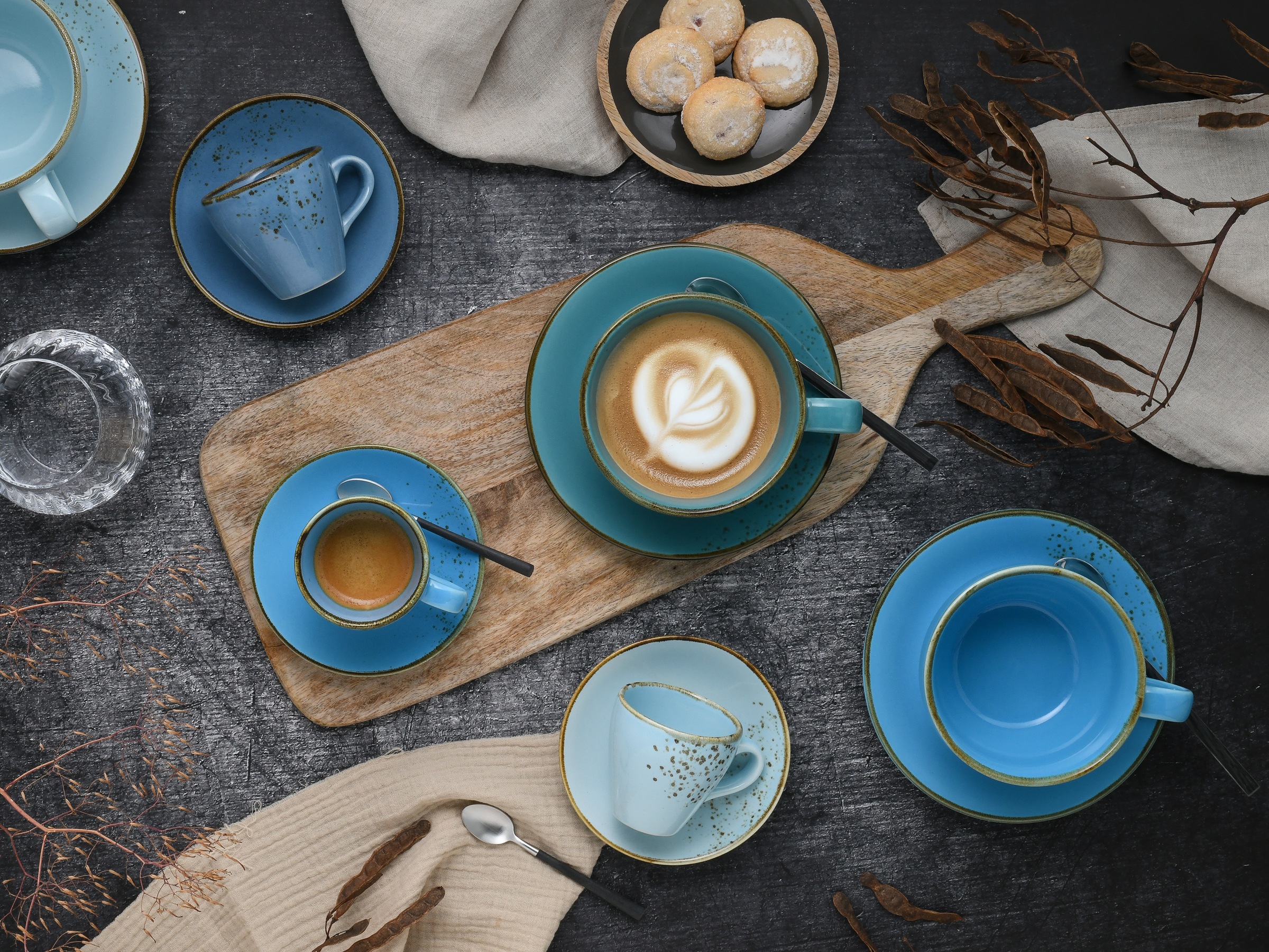 CreaTable Tasse »Tassen Set NATURE COLLECTION Aqua« Bistrotassen, 4 Cappuccinotassen, 4 Espressotassen, je mit Untertassen