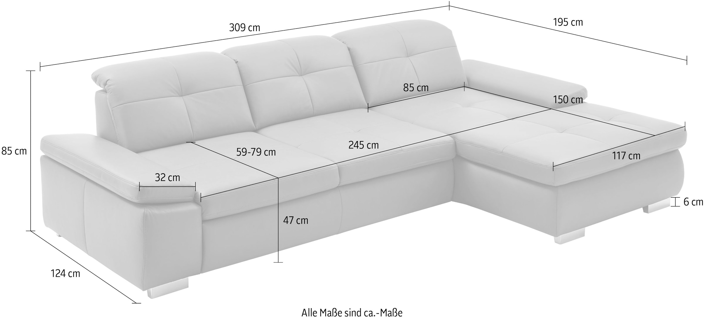 Die PlanBar Ecksofa »PN-IN16012 L-Form, Breite 309 cm« inkl. Sitztiefenverstellung, optional mit Kopfteilverstellung