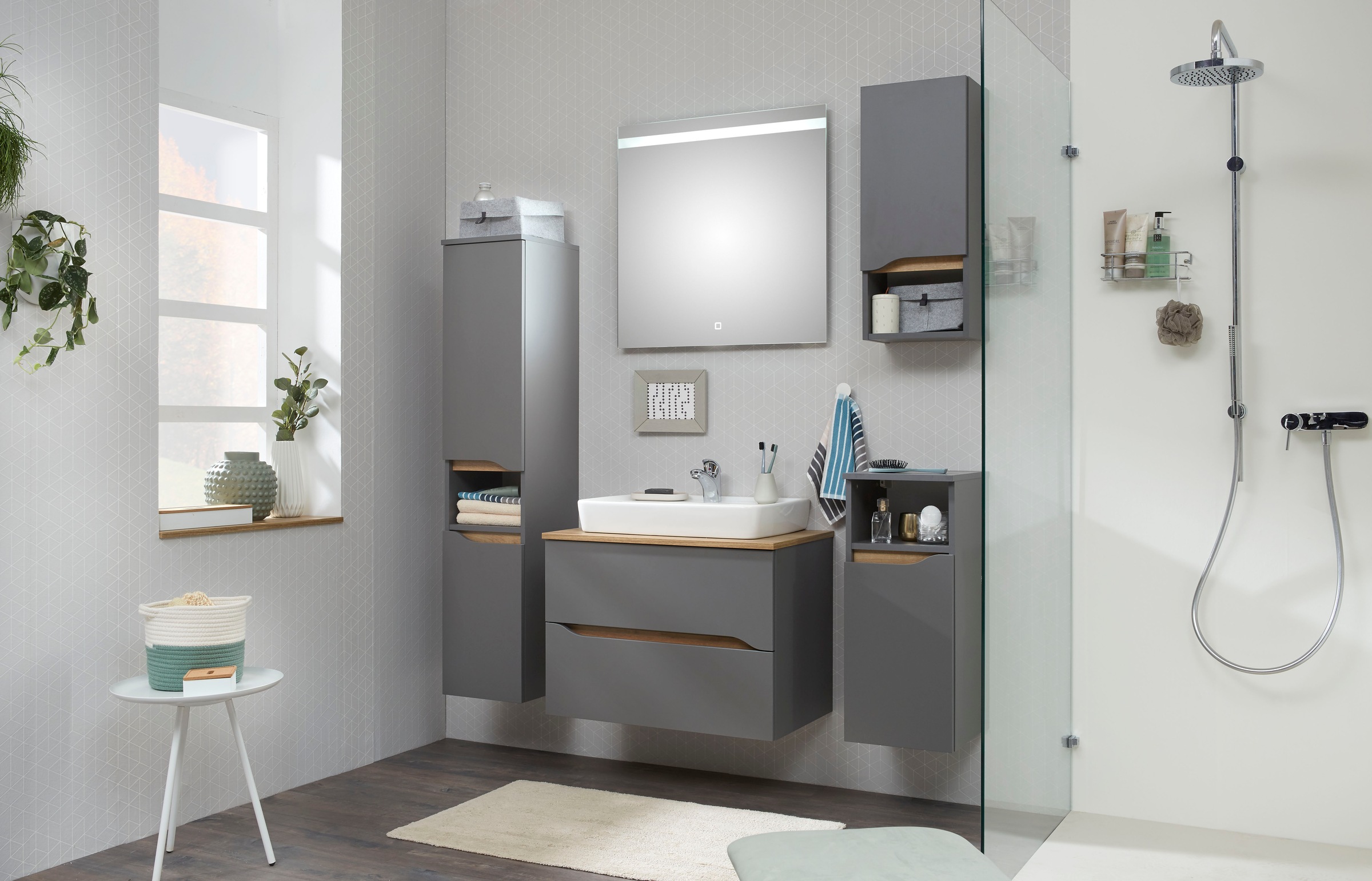 Saphir Badmöbel-Set »Quickset 5-teilig, Keramik-Aufsatzbecken mit LED-Spiegel« 7 Stk. tlg.