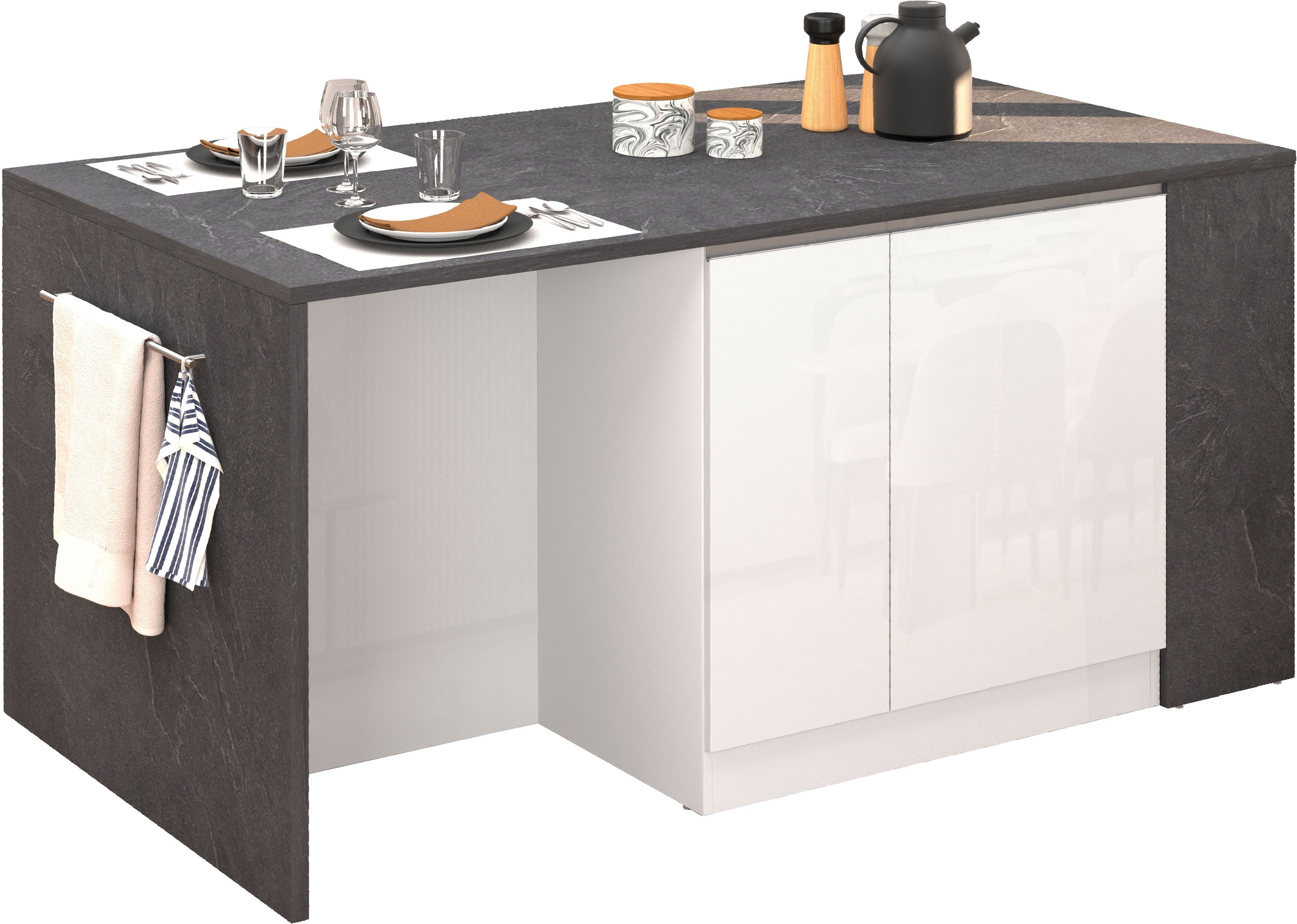 KOCHSTATION Kücheninsel »KS-Sole, Kochinsel, Küchenarbeitsblock, Arbeitsinsel, Made in Italy«, Breite 167,5 cm, 2 Apothekerauszüge, 2 Essplätze, 1 offenes Regal