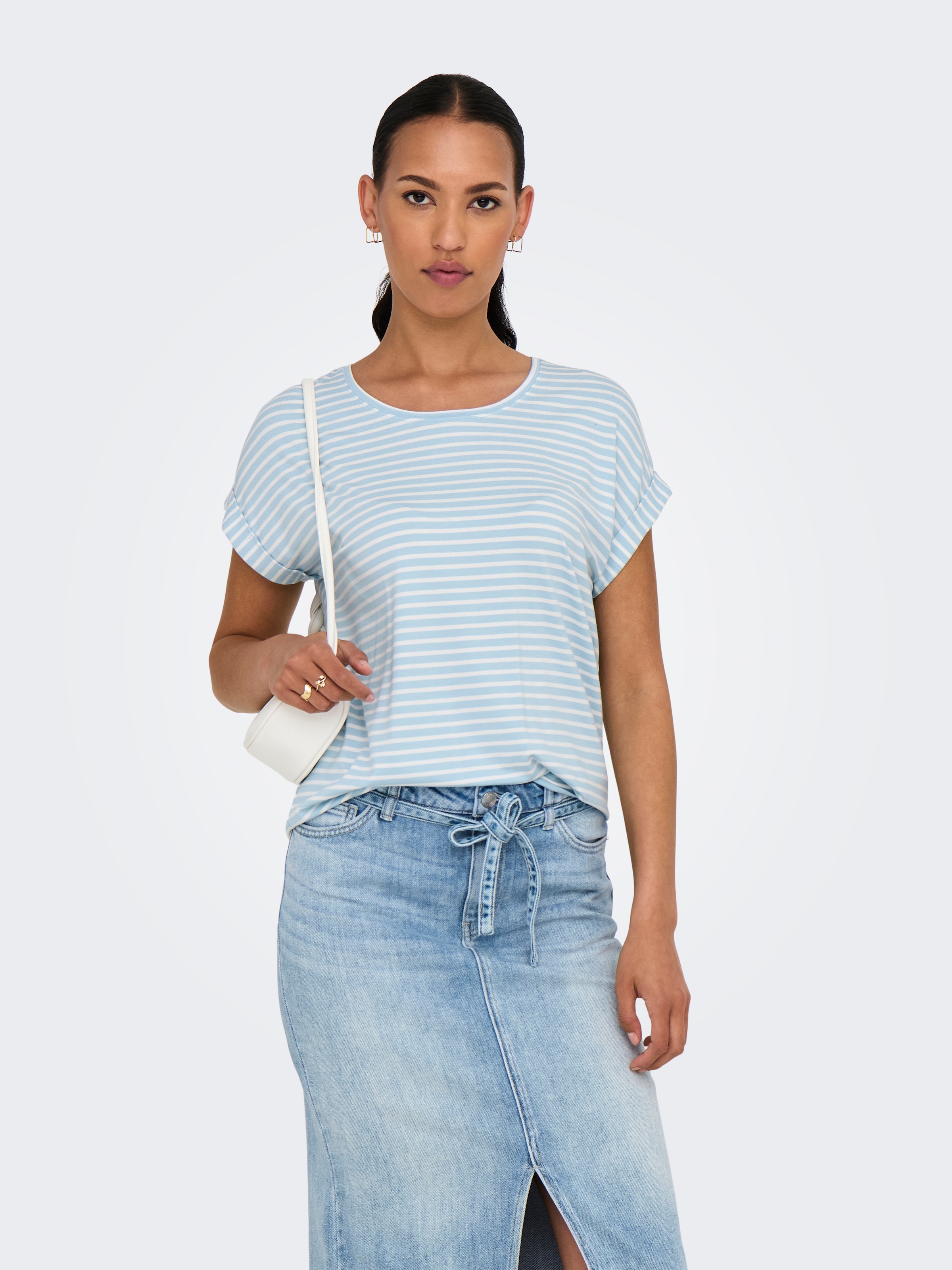 ONLY T-Shirt »ONLMOSTER STRIPE S/S O-NECK TOP JRS NOOS«, mit Aufschlag am Arm