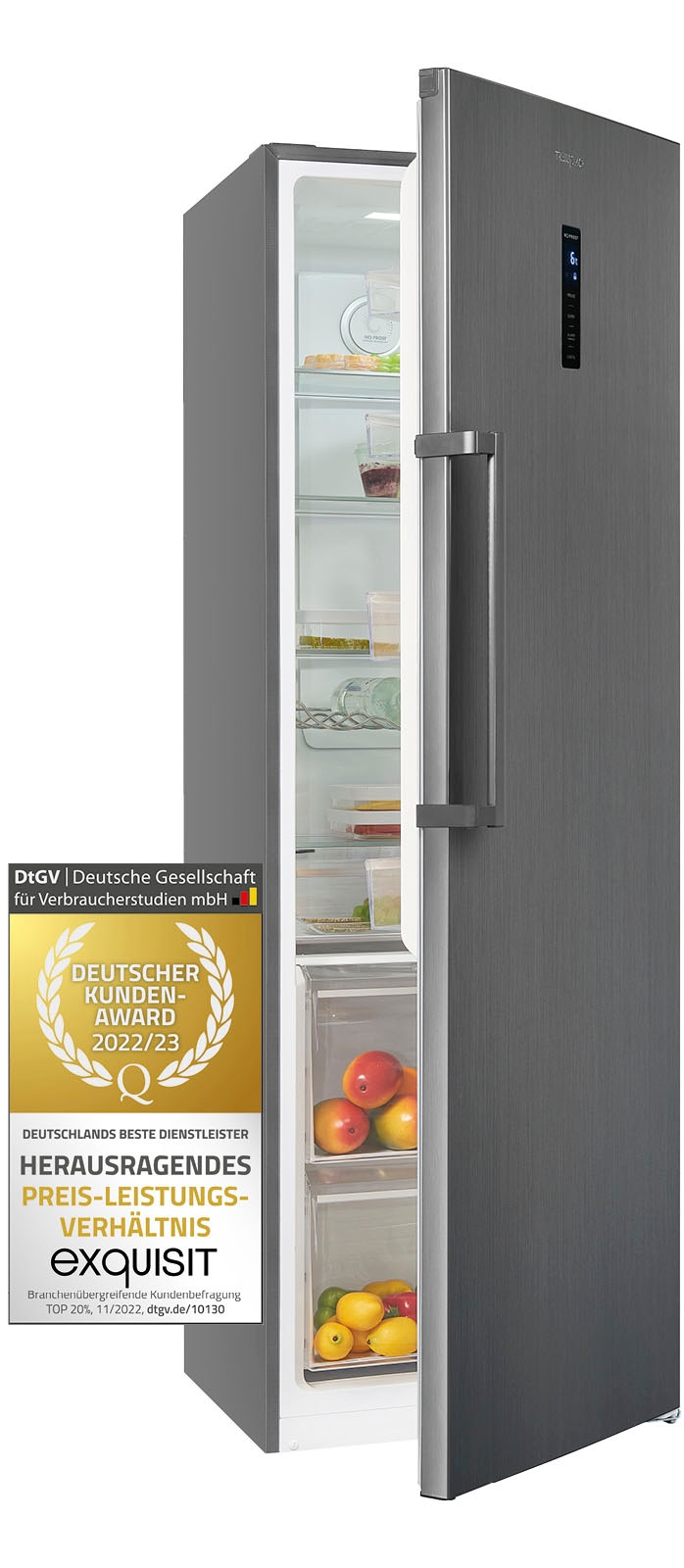 exquisit Vollraumkühlschrank »KS360-V-HE-040E inoxlook-az« 185 cm hoch 60 cm breit Praktisch & modern: Vollraumkühlschrank mit No-Frost & LED-Licht