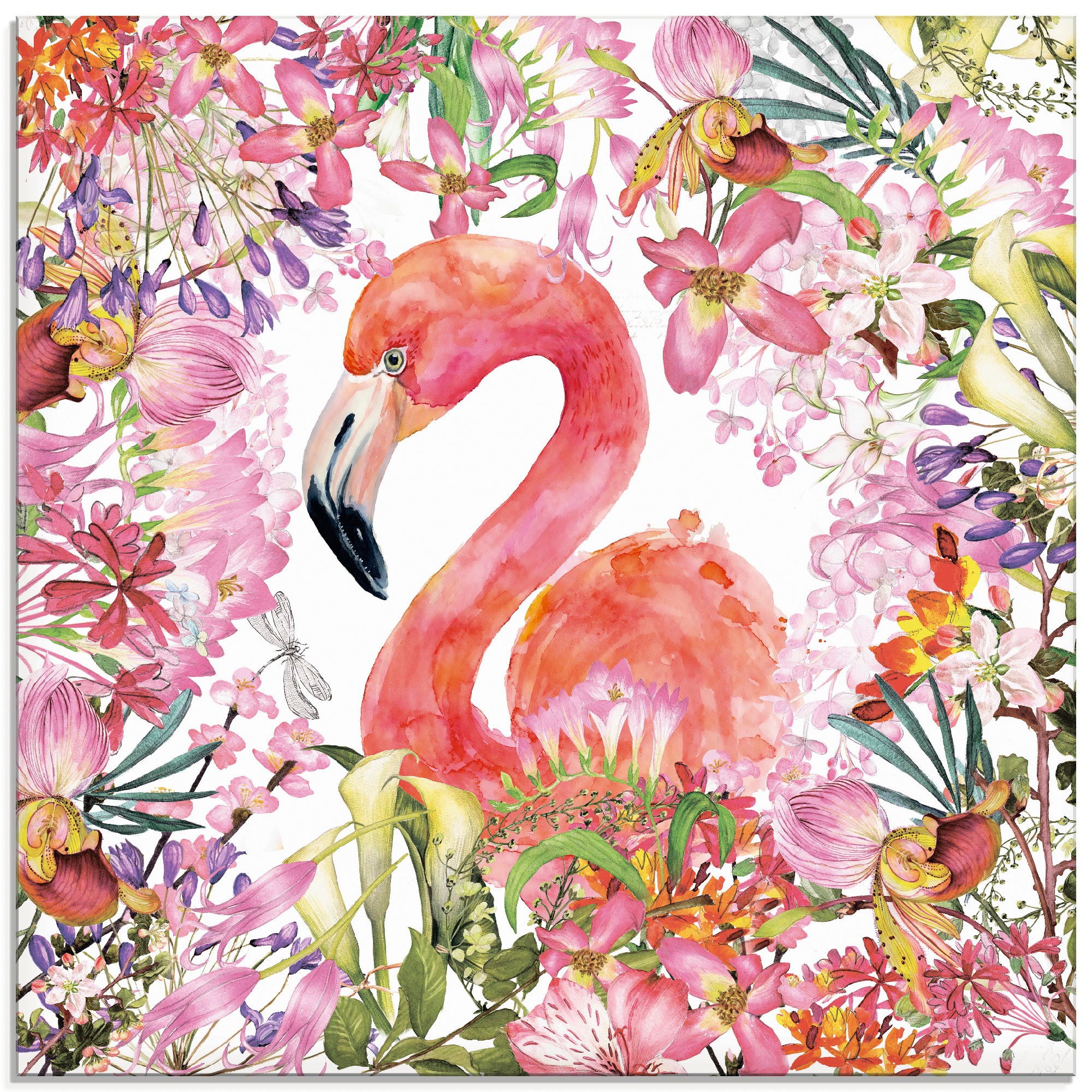 Artland Glasbild »Flamingo im Blüten Dschungel«, Vögel, (1 St.)