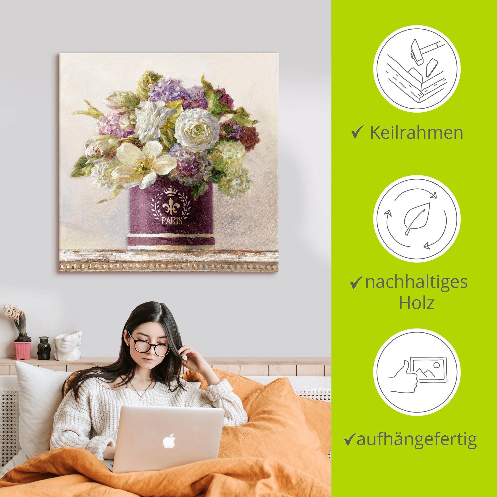 Artland Wandbild »Tulpen in Auberginer Hutschachtel«, Blumen, (1 St.), als Leinwandbild, Poster in verschied. Größen