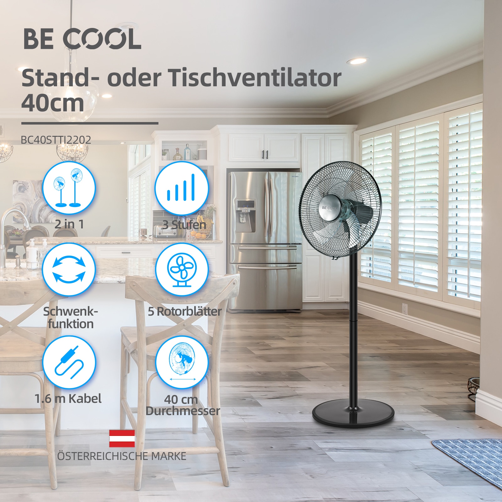 be cool Standventilator »BE COOL 2 in 1 Stand-und Tischventilator 40 cm«, 40 cm Durchmesser