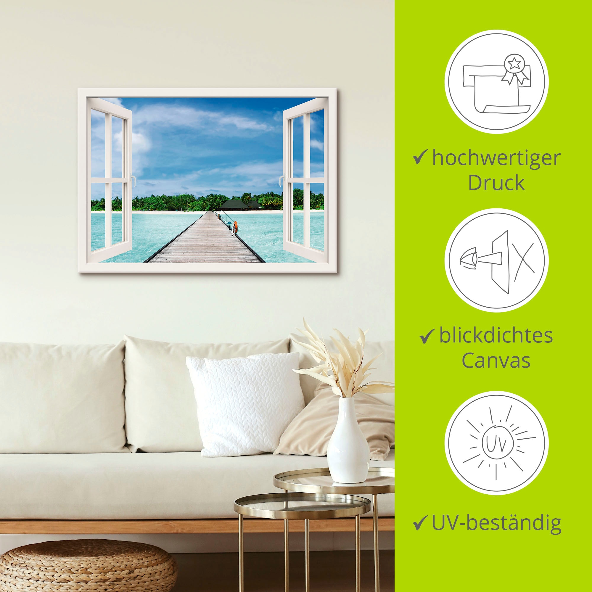 Artland Wandbild »Fensterblick maledivischen Paradies« Fensterblick 1 Stk. tlg. auf Holzrahmen gespannt