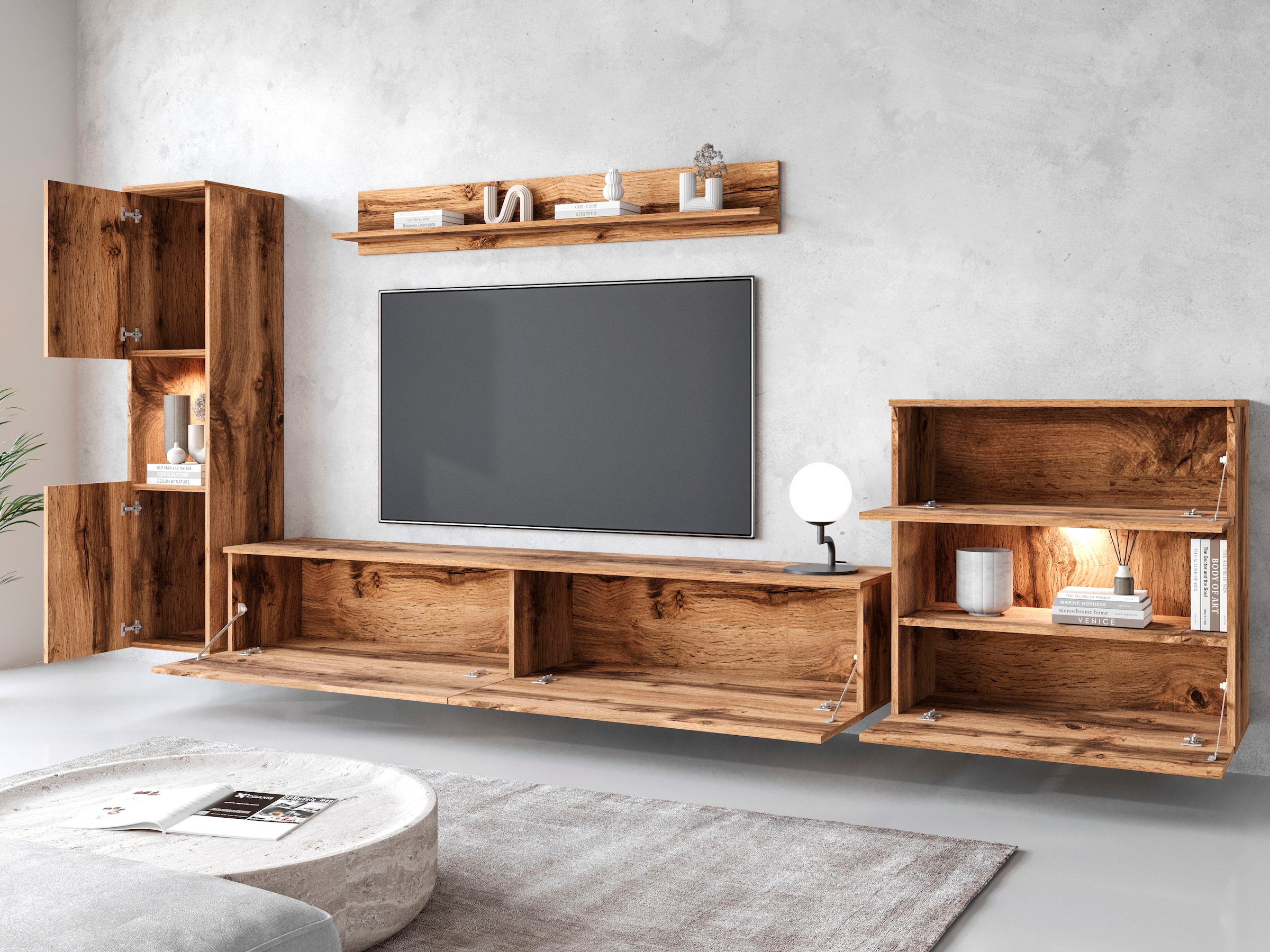 INOSIGN Wohnwand »PARIS«, (Komplett-Set, 4 St.), TV-Wand 300cm breite, grifflose Design, stehend und hängend montierbar