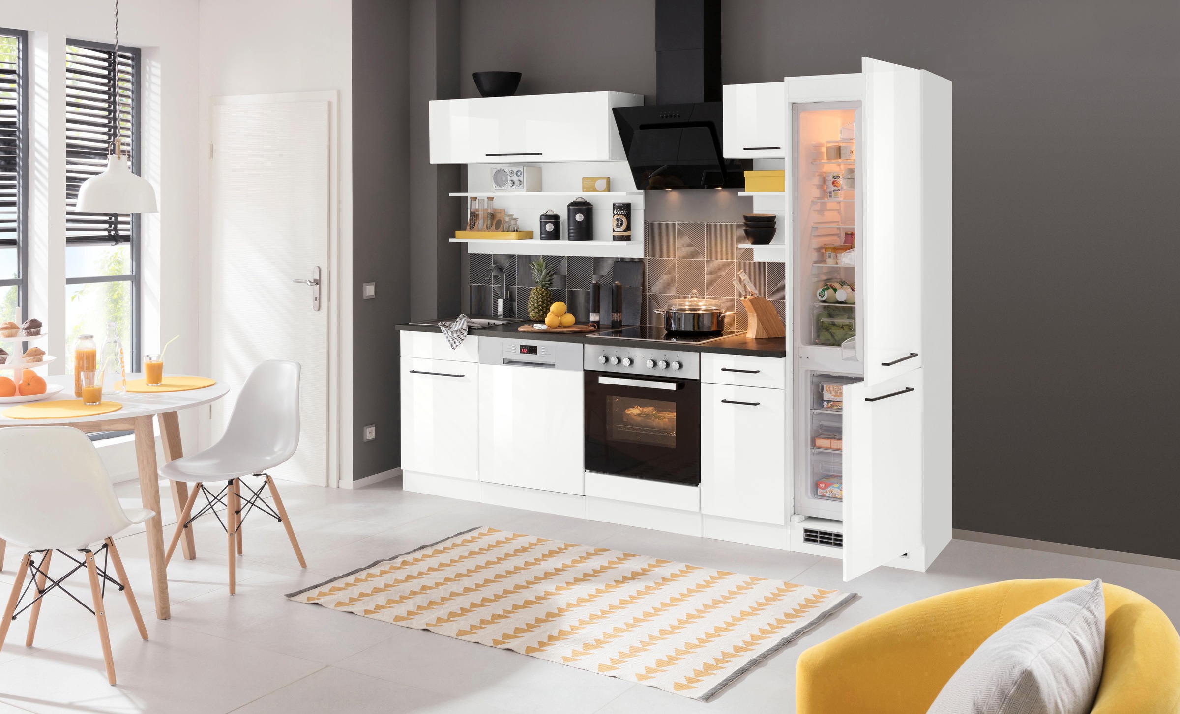 KOCHSTATION Küchenzeile »KS-Tulsa« mit E-Geräten, Breite 270 cm, schwarze Metallgriffe, MDF Fronten