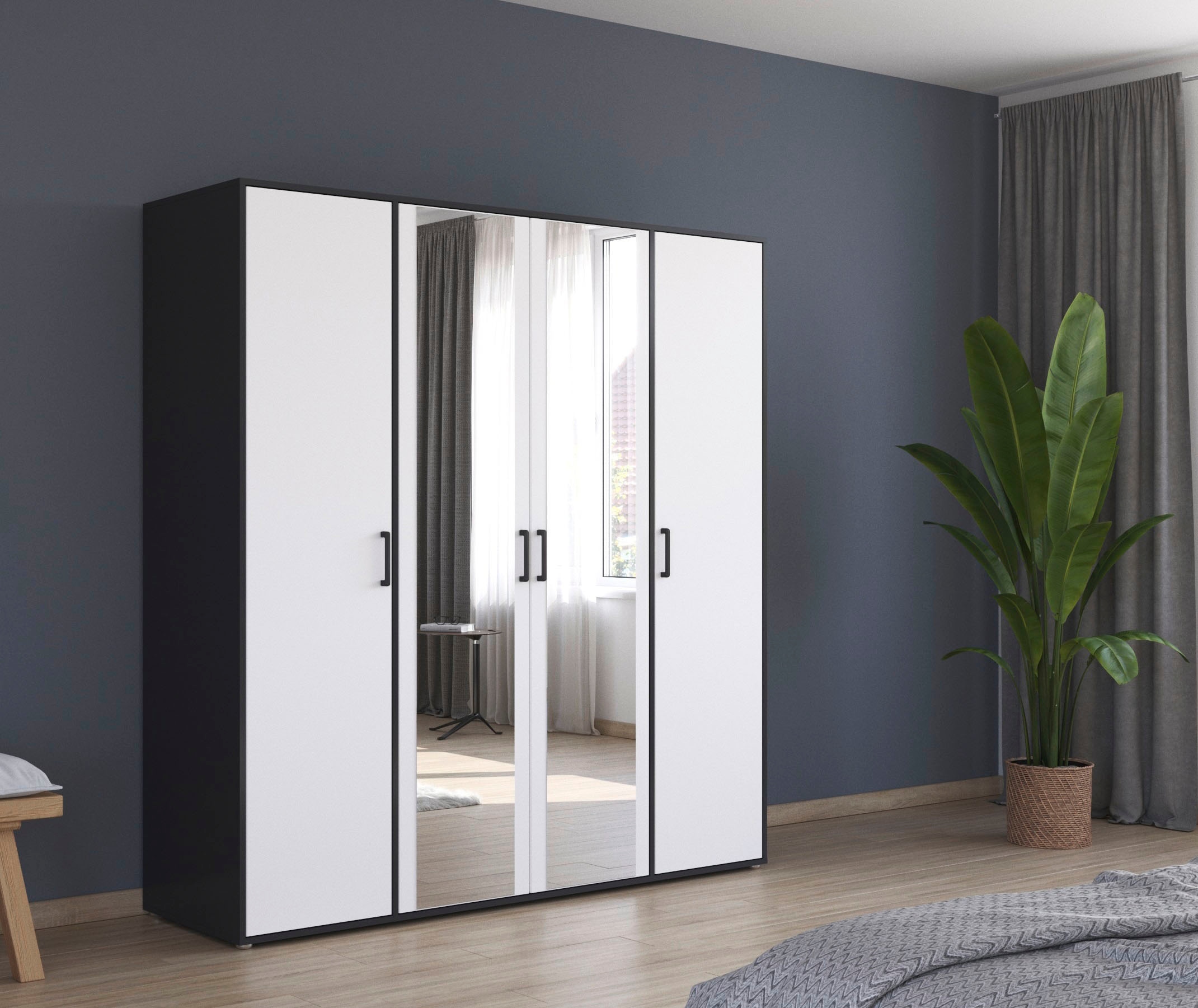 rauch Drehtürenschrank »Kleiderschrank Schrank Garderobe Wäscheschrank VOYAGER« in 3 verschiedenen Ausstattungen BASIC/CLASSIC/PREMIUM,  mit modernen Griffen in Graumetallic und Spiegel