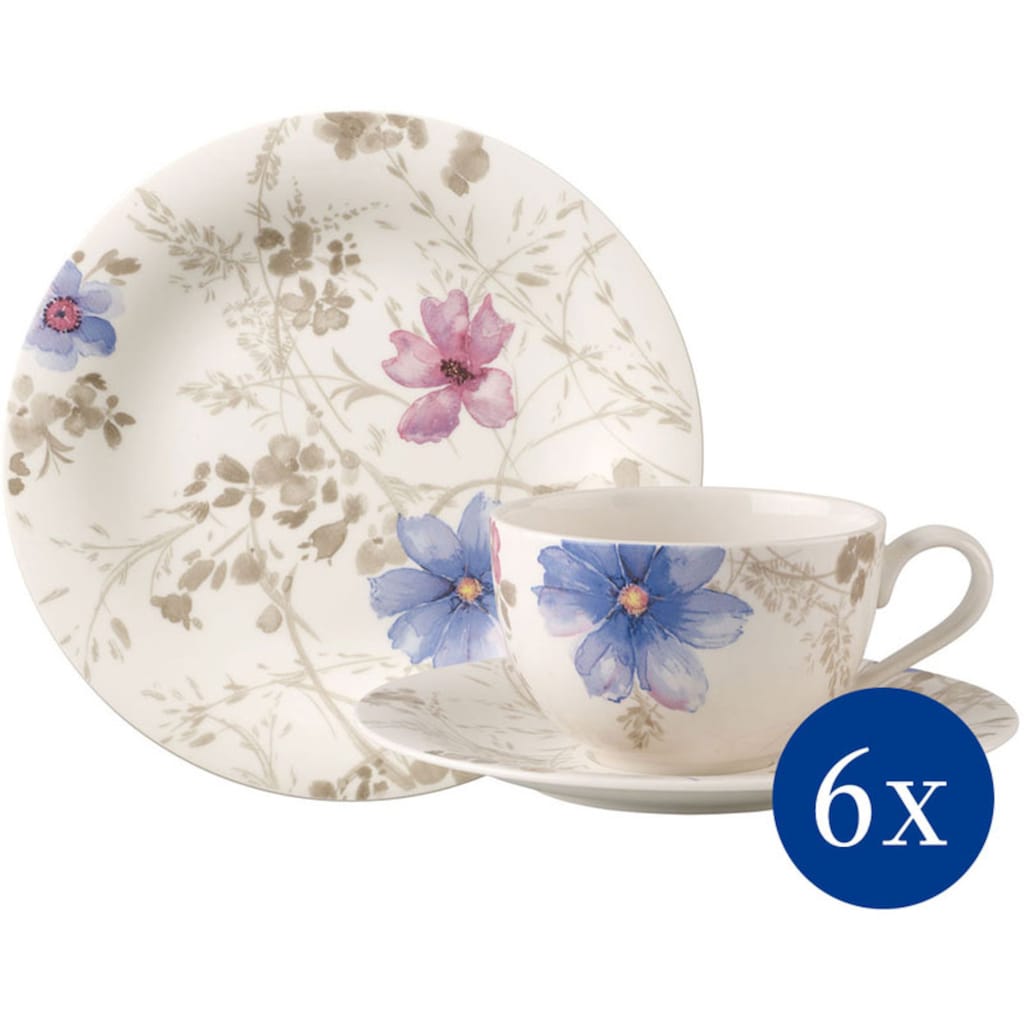 Villeroy & Boch Kaffeeservice »Geschirr-Set, Service Mariefleur Gris Basic«, (Set, 18 tlg.), mit schönen Blumenmuster, 18 Teile, für 6 Personen