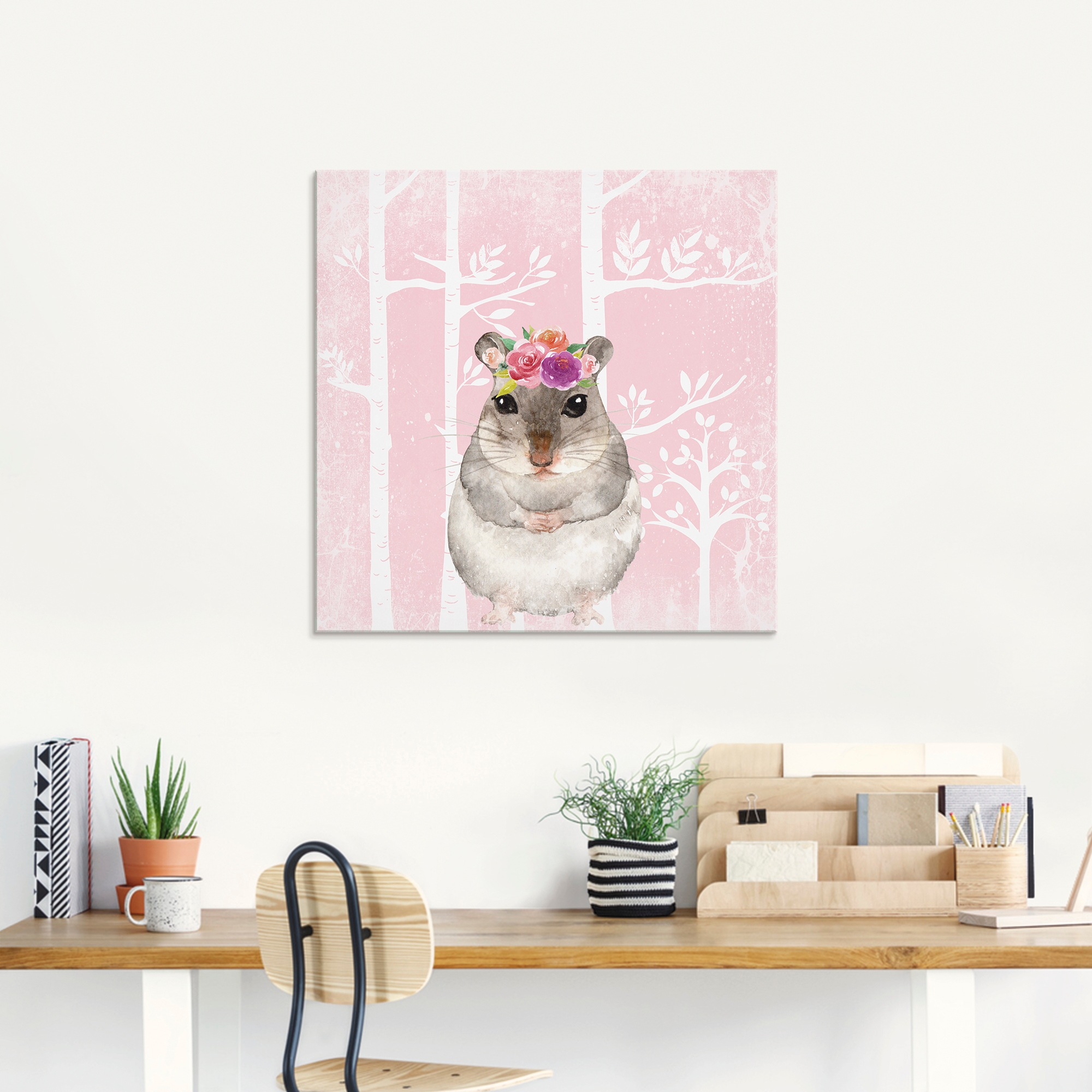 Artland Glasbild »Hamster mit Blumen im pink Wald«, Tiere, (1 St.), in verschiedenen Größen