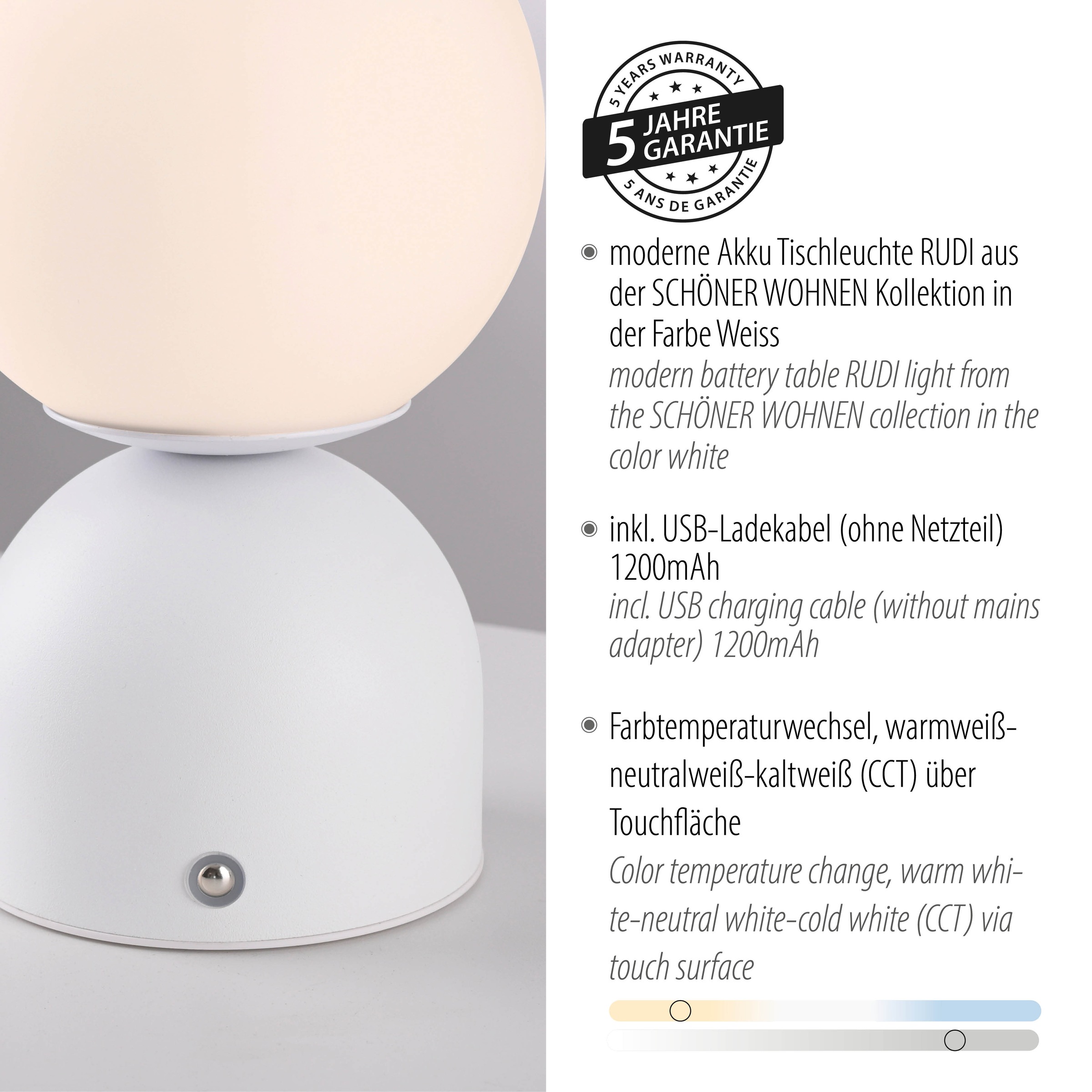 SCHÖNER WOHNEN-Kollektion LED Tischleuchte »RUDI« LED-Board 1 Stk. warmweiß - kaltweiß SCHÖNER WOHNEN Kollektion, CCT 3000-6000K, Touchdimmer, Memoryfunktion