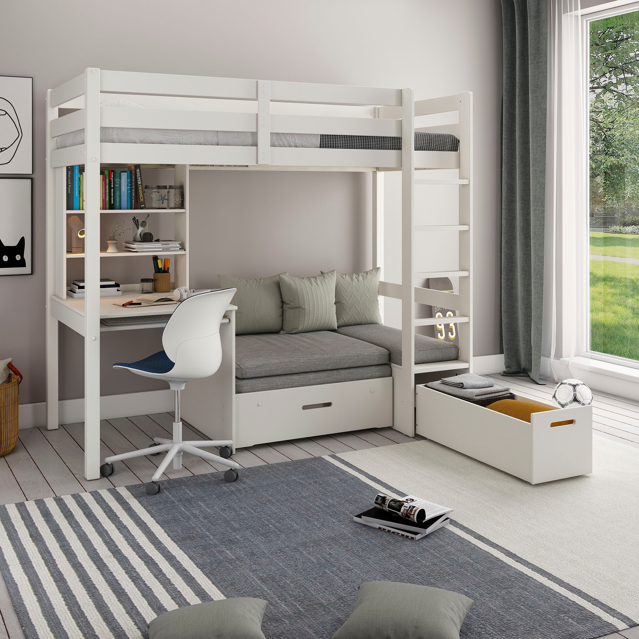Lüttenhütt Etagenbett »Stockbett, Doppelstockbett "HENNE " zertifiziertes Massivholz«, mit Schreibtisch, Regale, ausziehbarem Sessel,OHNE MATRATZEN/AUFLAGEN!