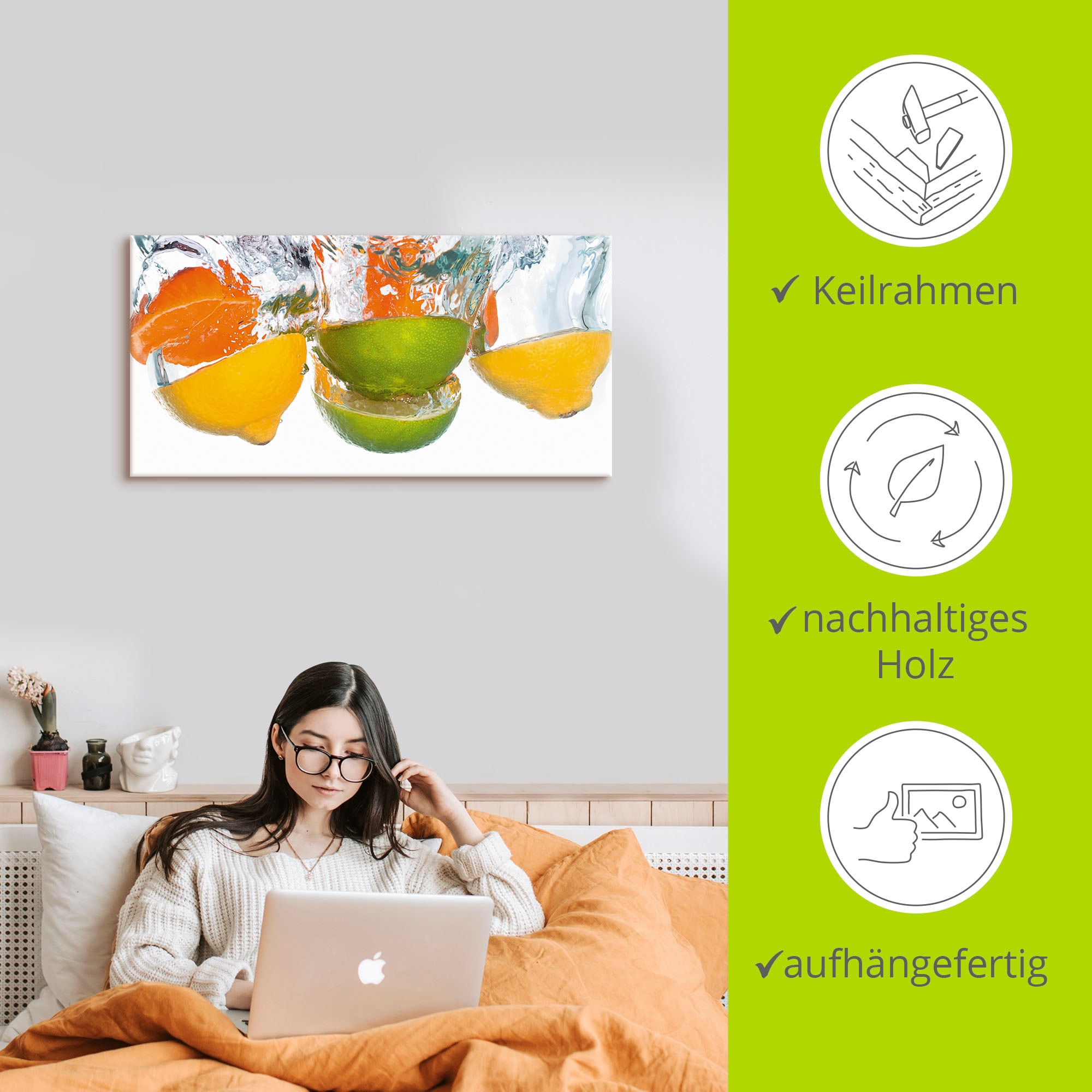 Artland Wandbild »Zitrusfrüchte fallen in klares Wasser«, Lebensmittel, (1 St.), als Leinwandbild, Poster, Wandaufkleber in verschied. Größen