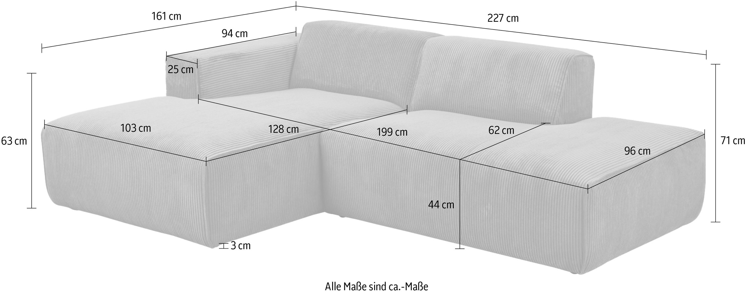 andas Ecksofa »Noord mit Kedernaht, Breite 227 cm«, Cord, Struktur, Webstoff, mit Wellenunterfederung, Massivholzrahmen
