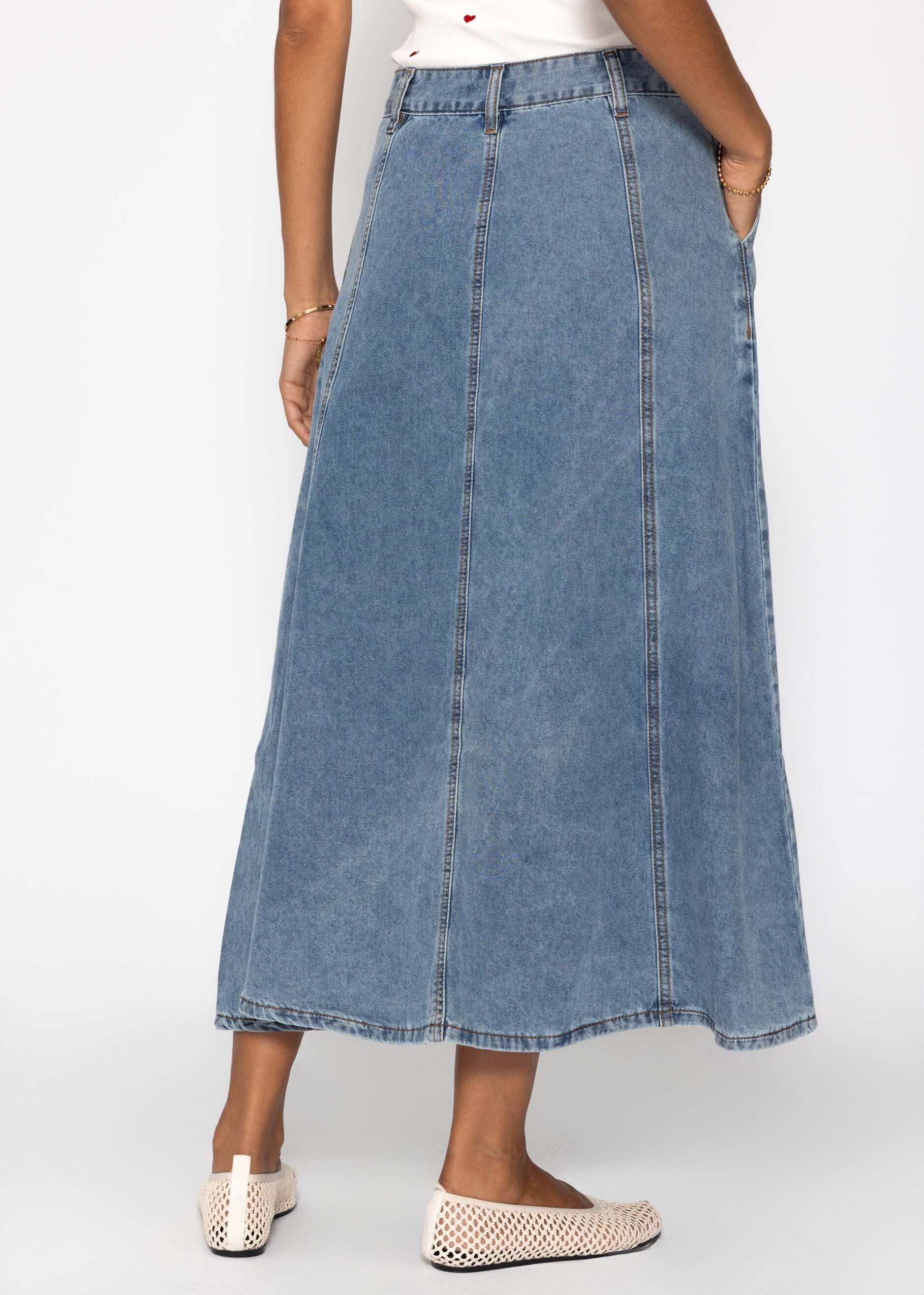 SASSYCLASSY Jeansrock »Midi Jeans Rock mit Teilungsnähten« Midi Rock Damen aus Baumwolle mit Teilungsnähten Blau