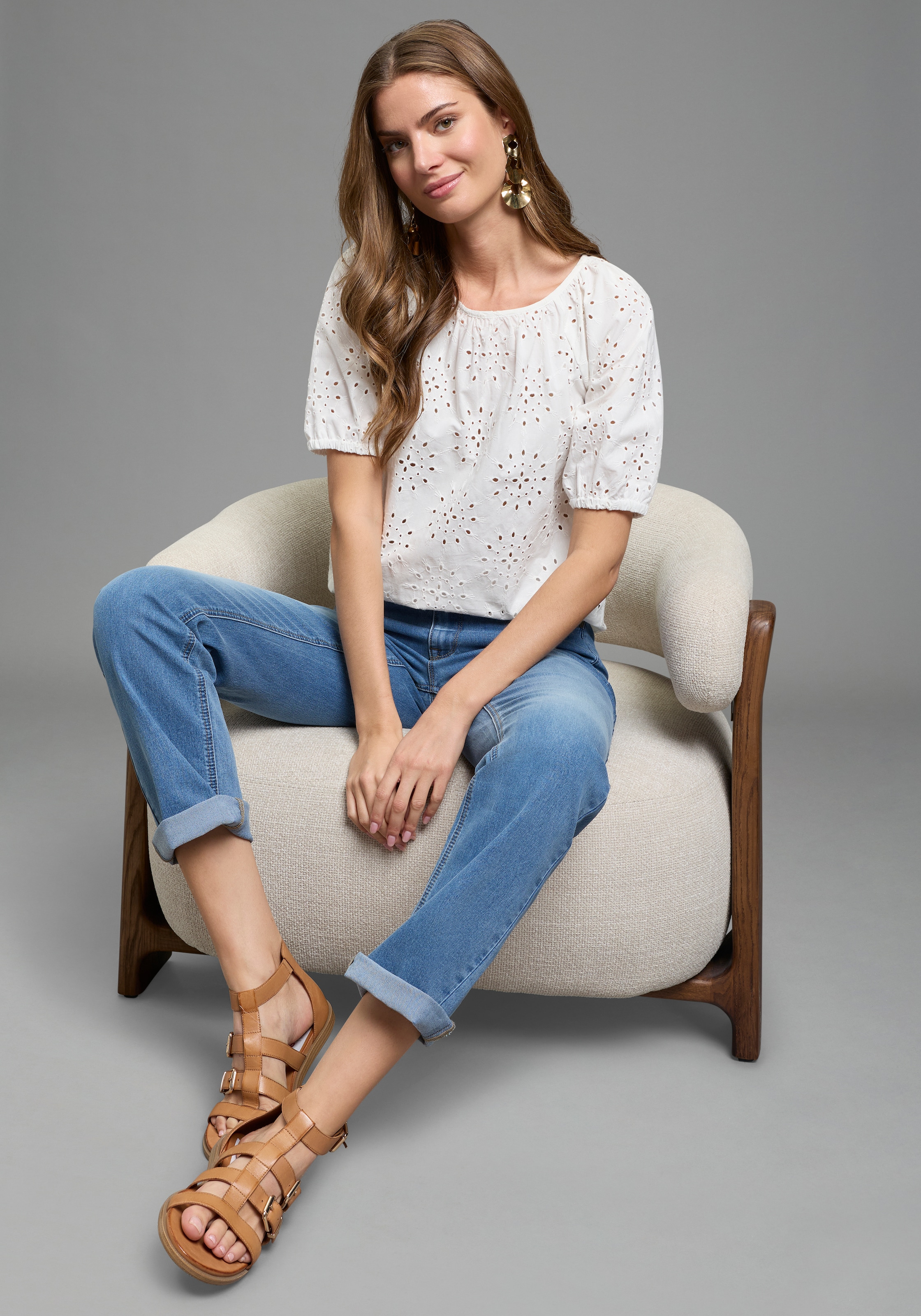 Laura Scott Schlupfbluse mit echter Lochstickerei, aus Baumwolle