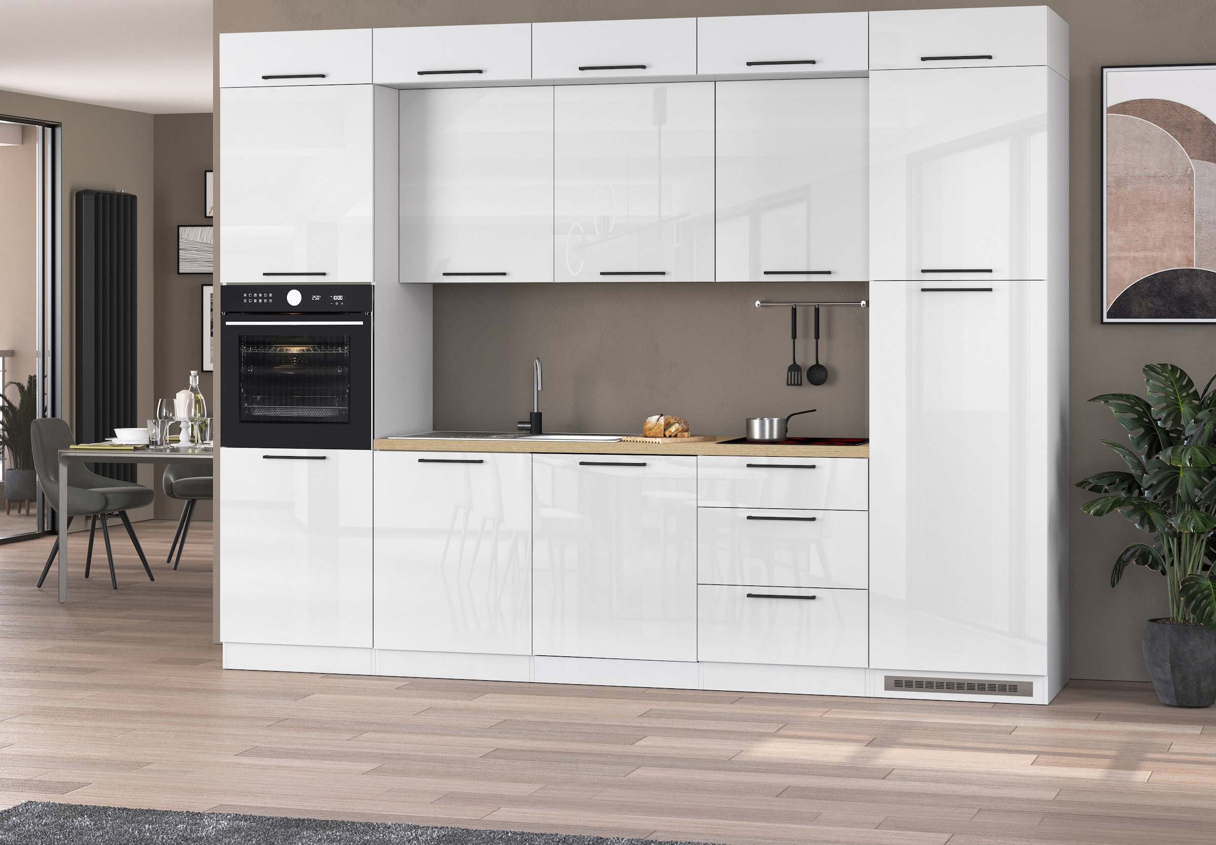 KOCHSTATION Küchenzeile »Luna, Einbauküche, Zeilenküche, mit Soft-Close Funktion, Made in Italy« Breite 300 cm ohne E-Geräte, mit Spüle+Siphon und Aufsatz