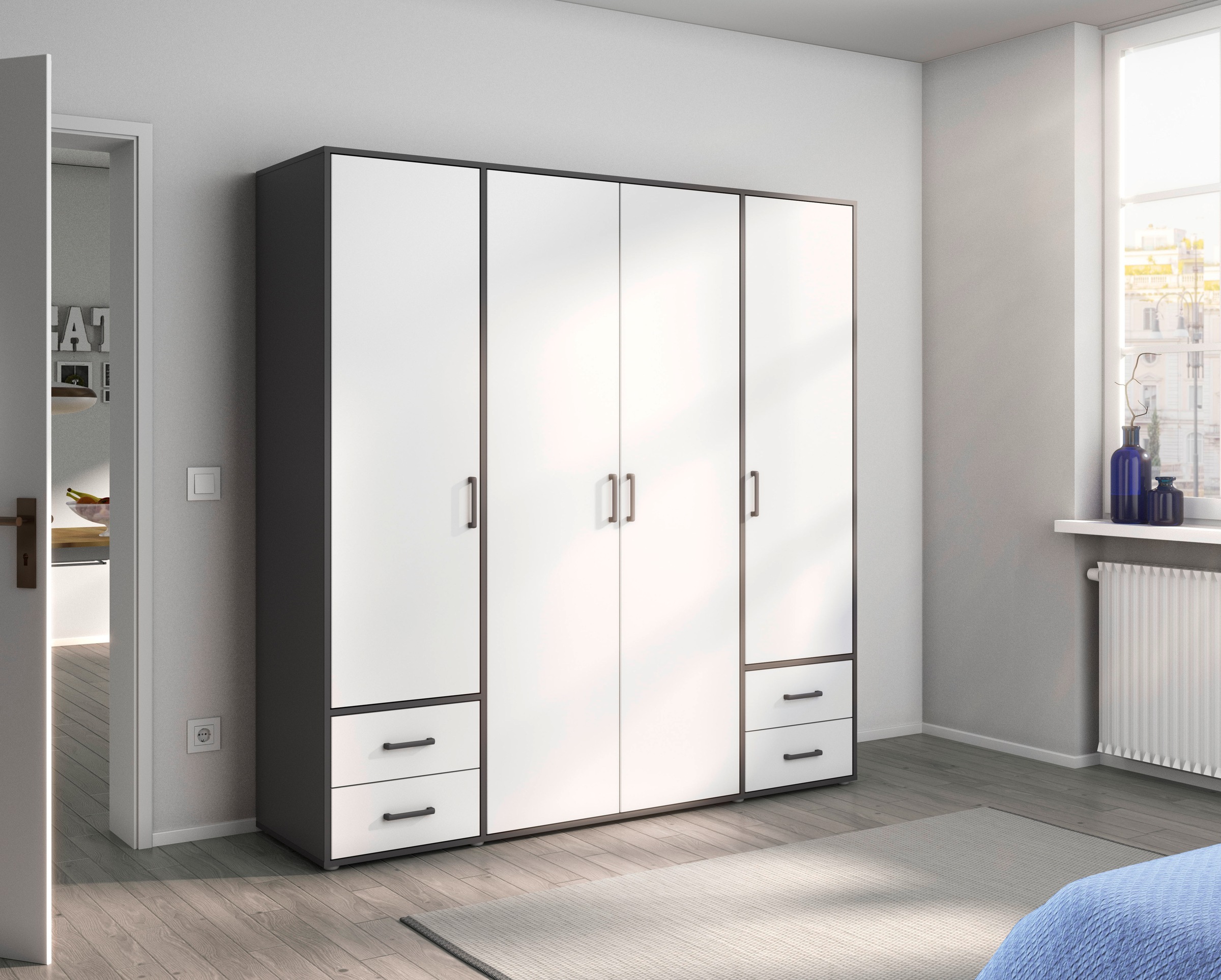 rauch Drehtürenschrank »Voyager, Kleiderschrank mit Außenschubkästen, Garderobe«, (in 3 verschiedenen Ausstattungen BASIC/CLASSIC/PREMIUM), Made in Germany