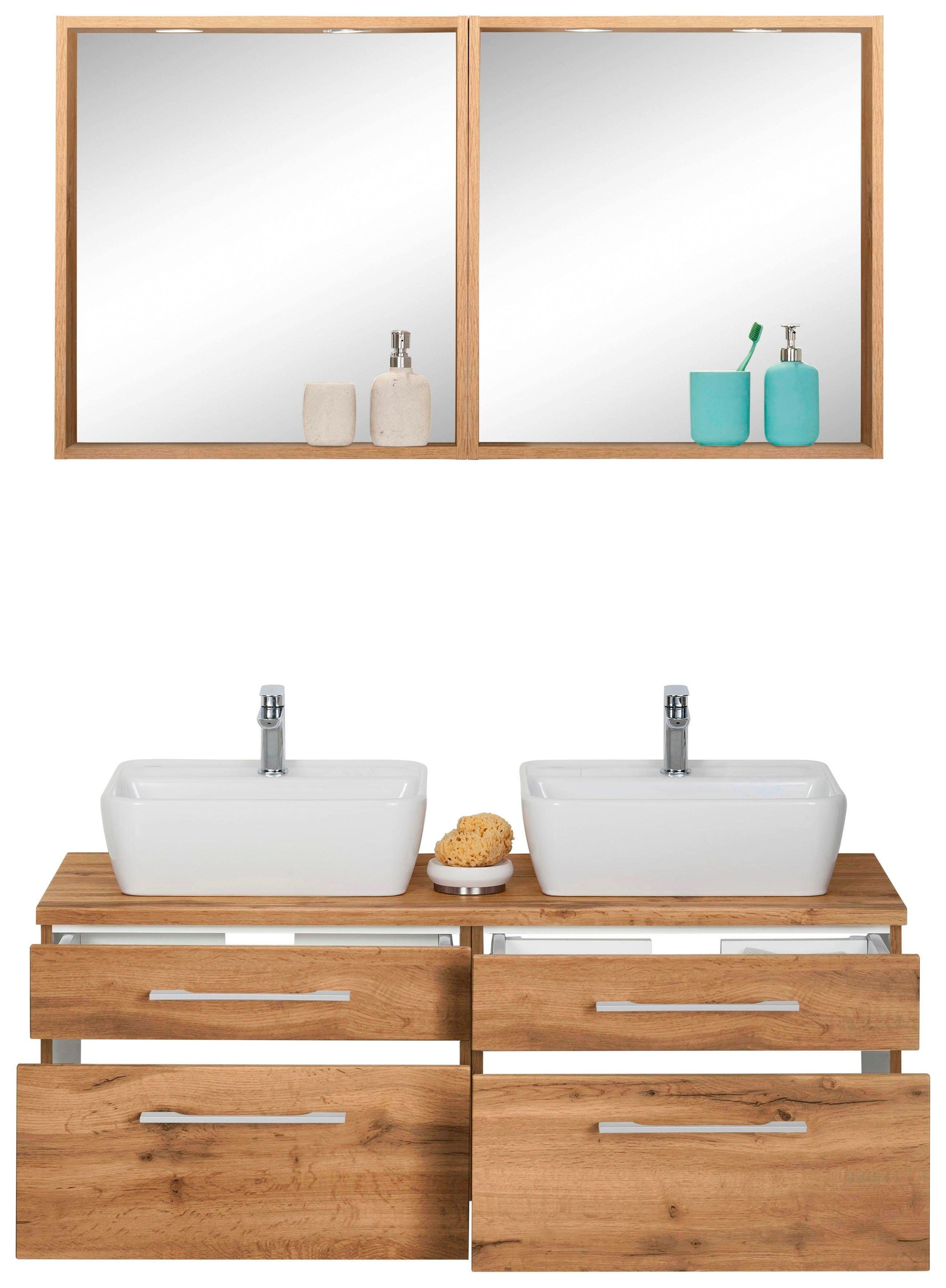 HELD MÖBEL Badmöbel-Set »Davos«, (3 St.), 2 Spiegel mit mit 2 Touch-LED-Einbauleuchten