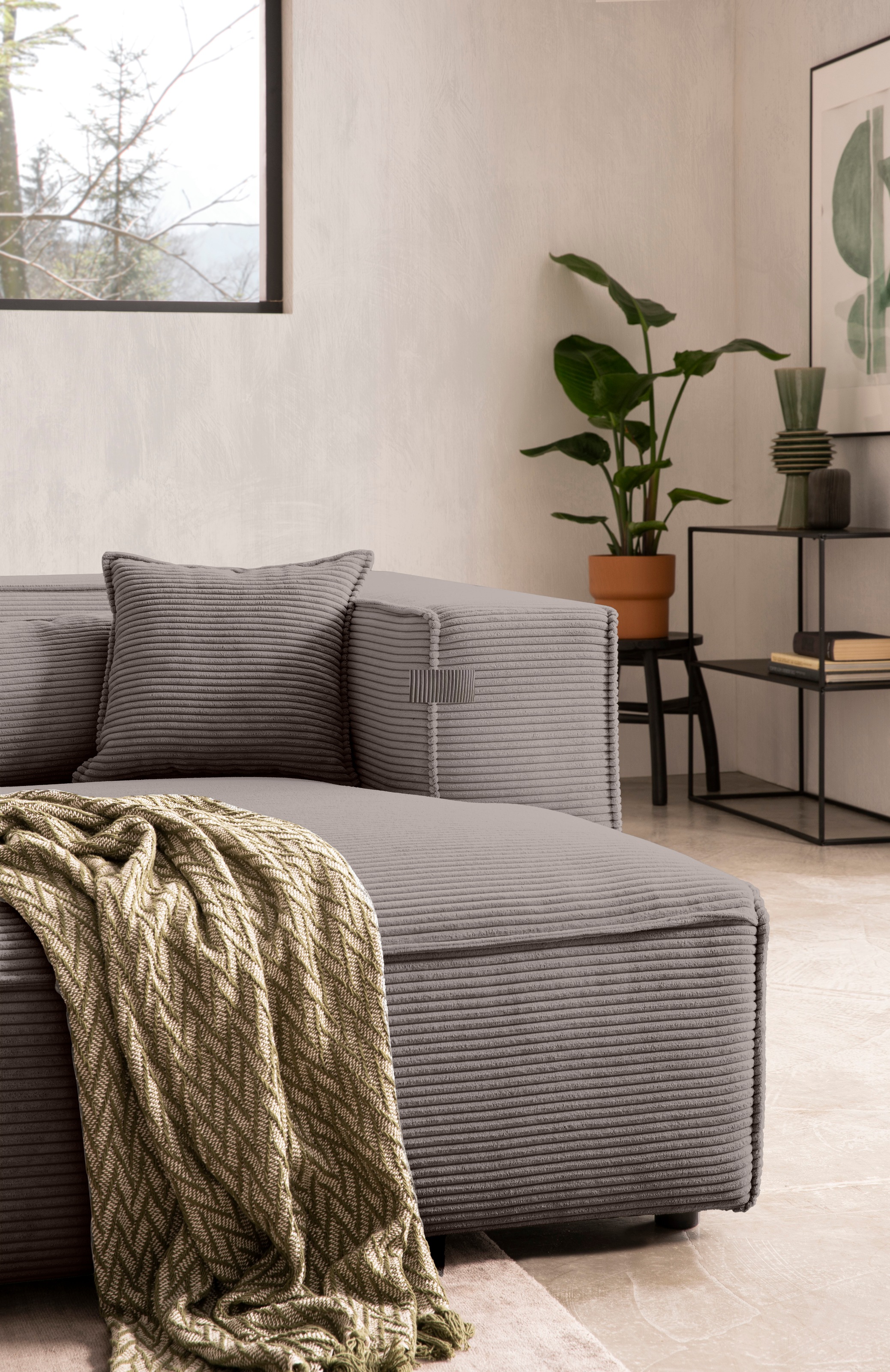 LeGer Home by Lena Gercke Ecksofa »PIARA mit Kedernaht in Cord oder Leinenoptik, moderne Couch in L-Form«, wahlweise Ottomane rechts/links, schwarze Füße, bequemer Sitzkomfort