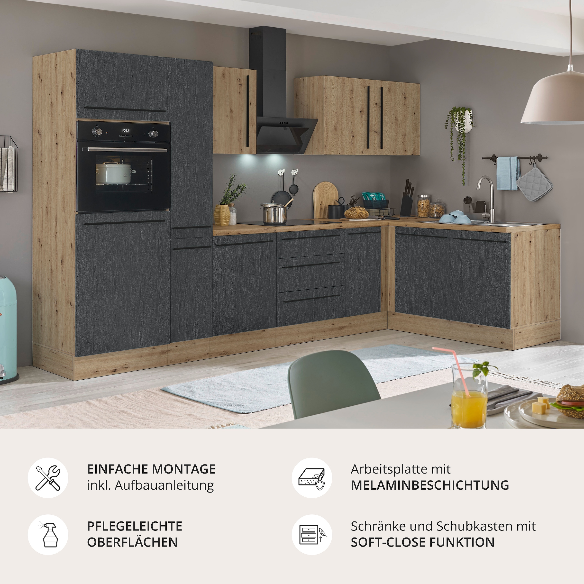 KOCHSTATION Winkelküche »Florida, Stellbreite 300x165 cm« wahlweise mit E-Geräten, mit Softclose für Türen und Schubkästen