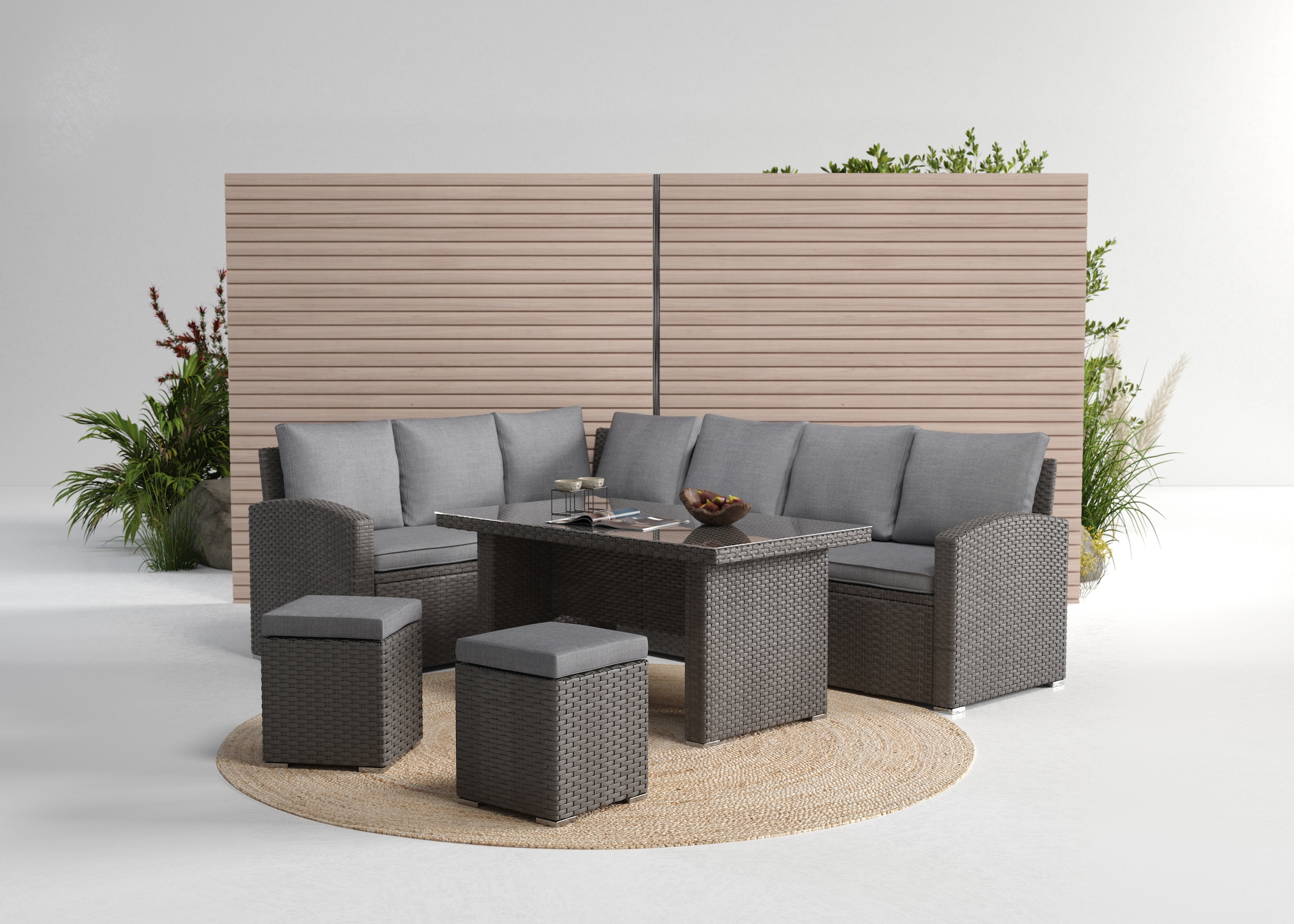 KONIFERA Gartenlounge-Set »London« Set, 2x3er Sofa, 2x Hocker, 1x Tisch 140x80x66cm, inkl. Auflagen, 17 Stk. tlg. inkl. Schutzhülle, Aluminium, Polyrattan